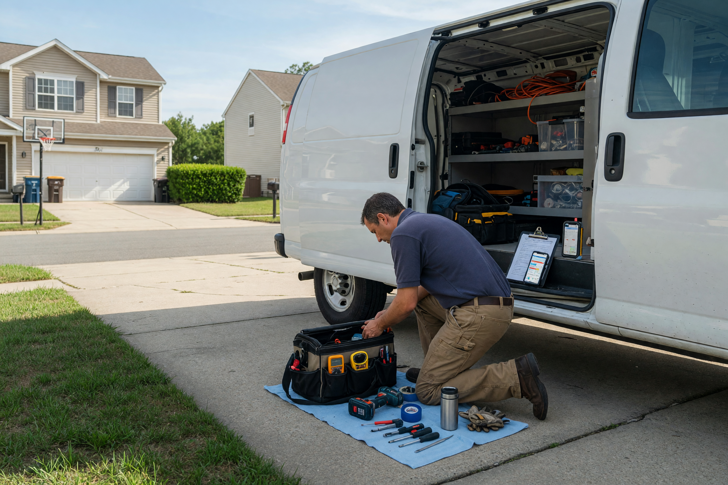Local service provider preparing tools and schedule for flexible appointment work