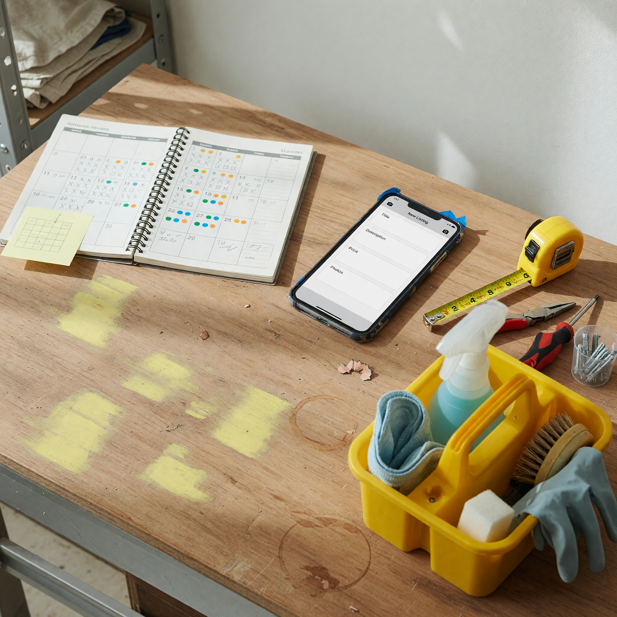 Planner, phone, and service tools arranged for writing a local availability listing