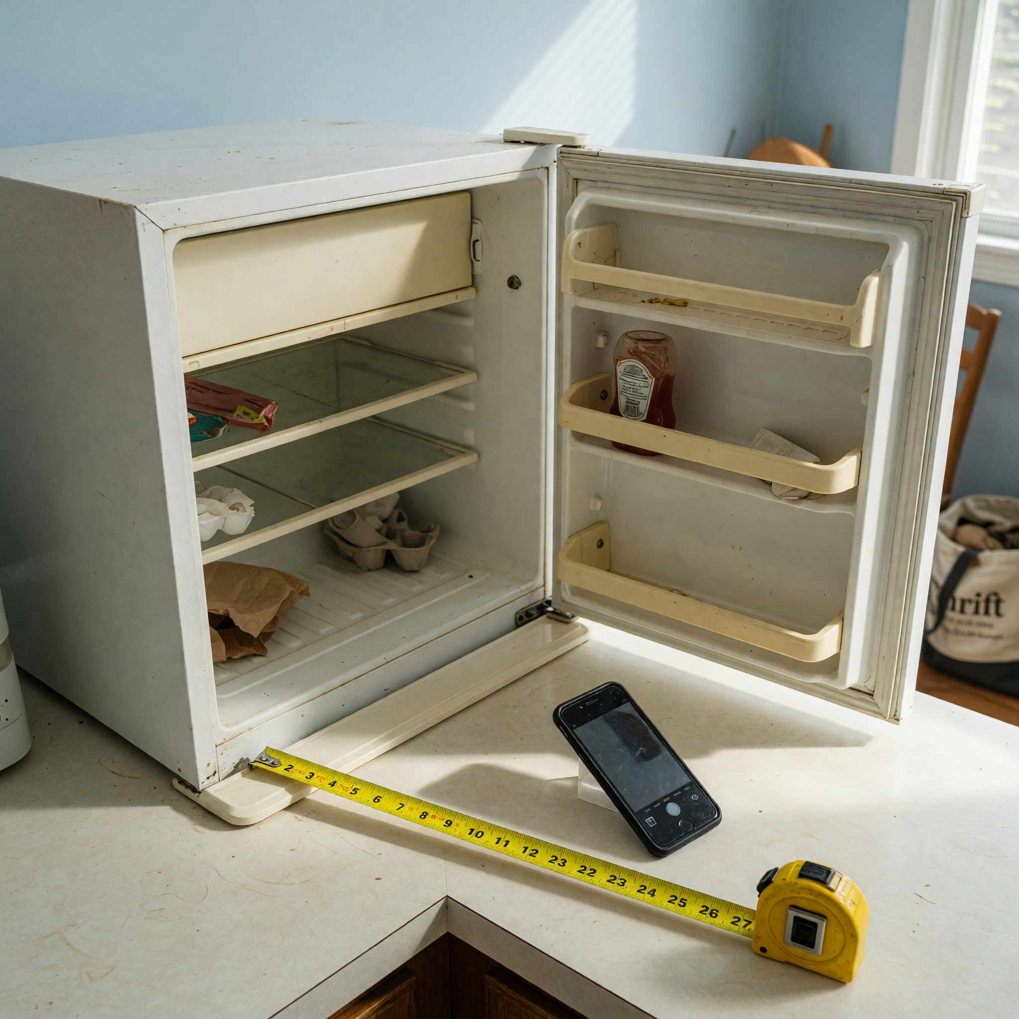 Used refrigerator photographed with open shelves and a tape measure for a free appliance pickup listing