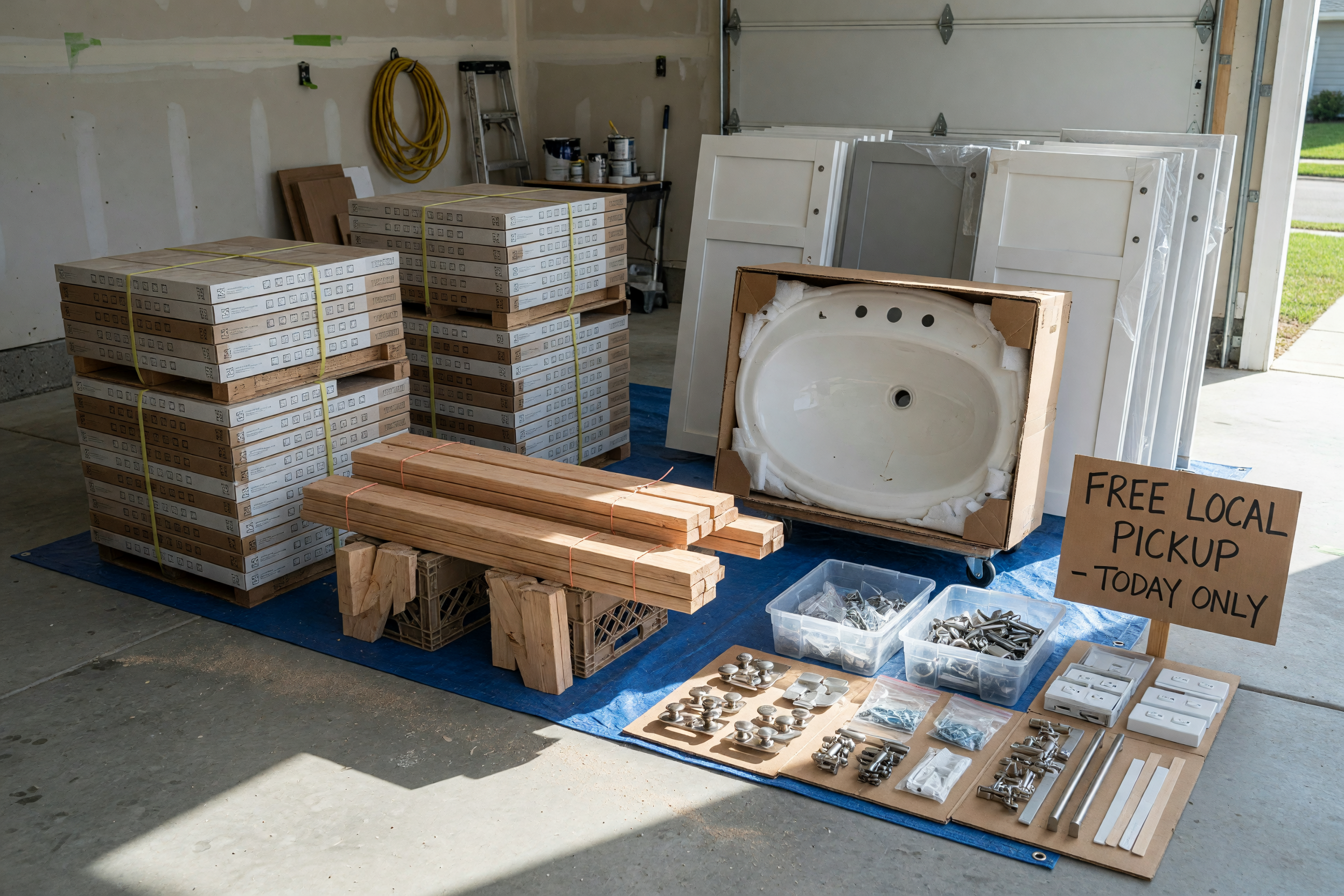 Leftover tile, lumber, and fixtures arranged in a garage for free local pickup