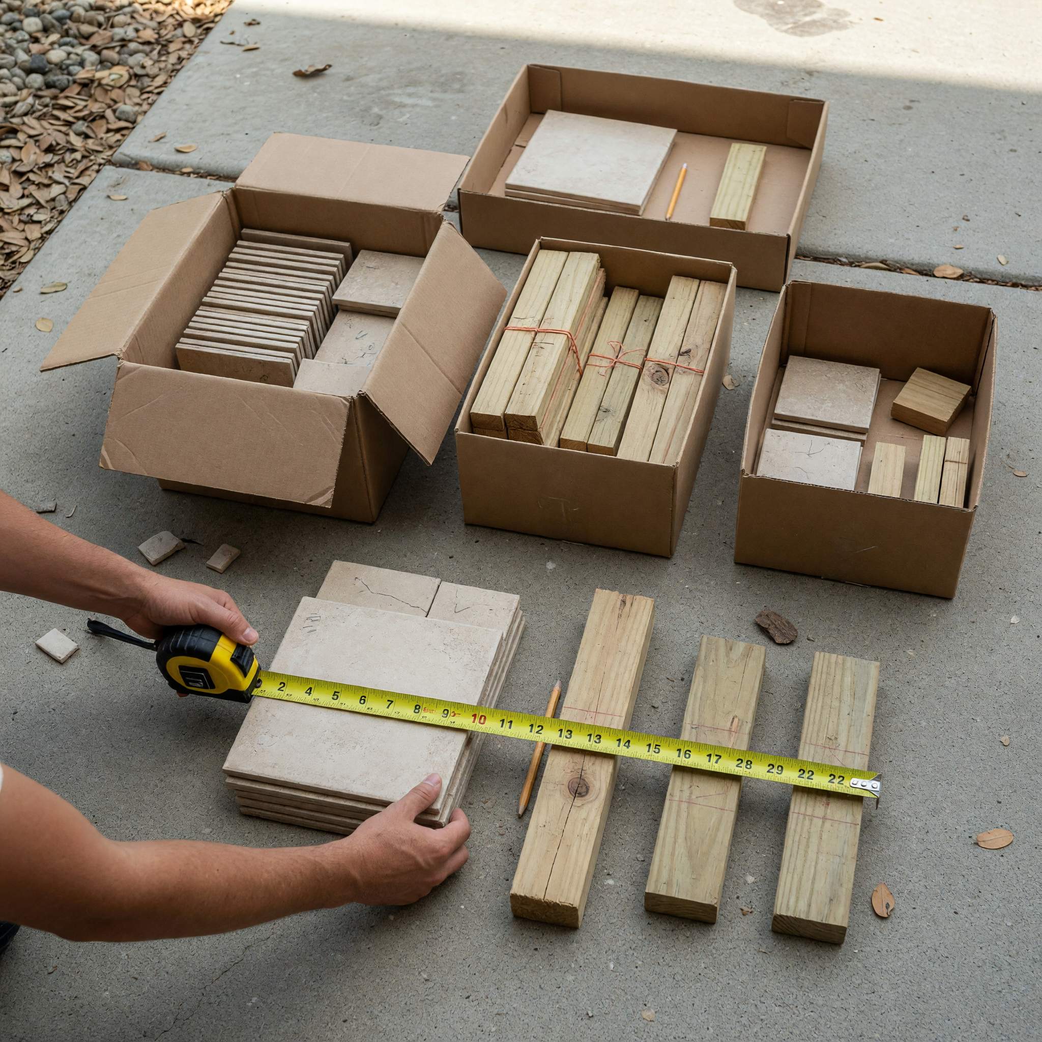 Tape measure next to leftover tile and lumber organized for a free pickup listing