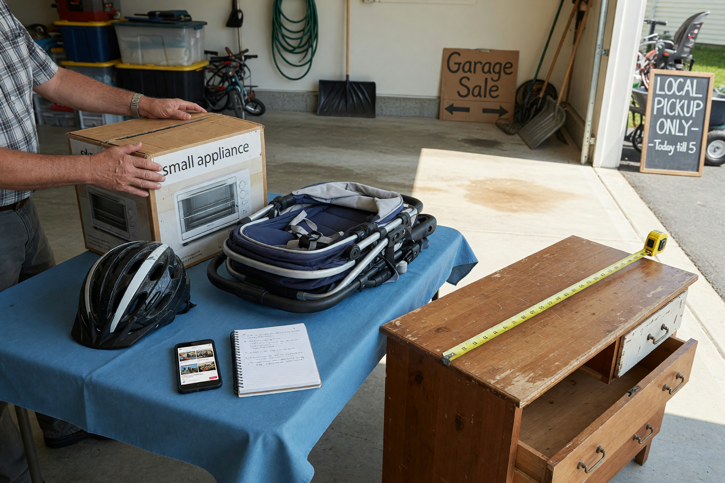A seller preparing used household items in a bright garage before posting a free classified ad