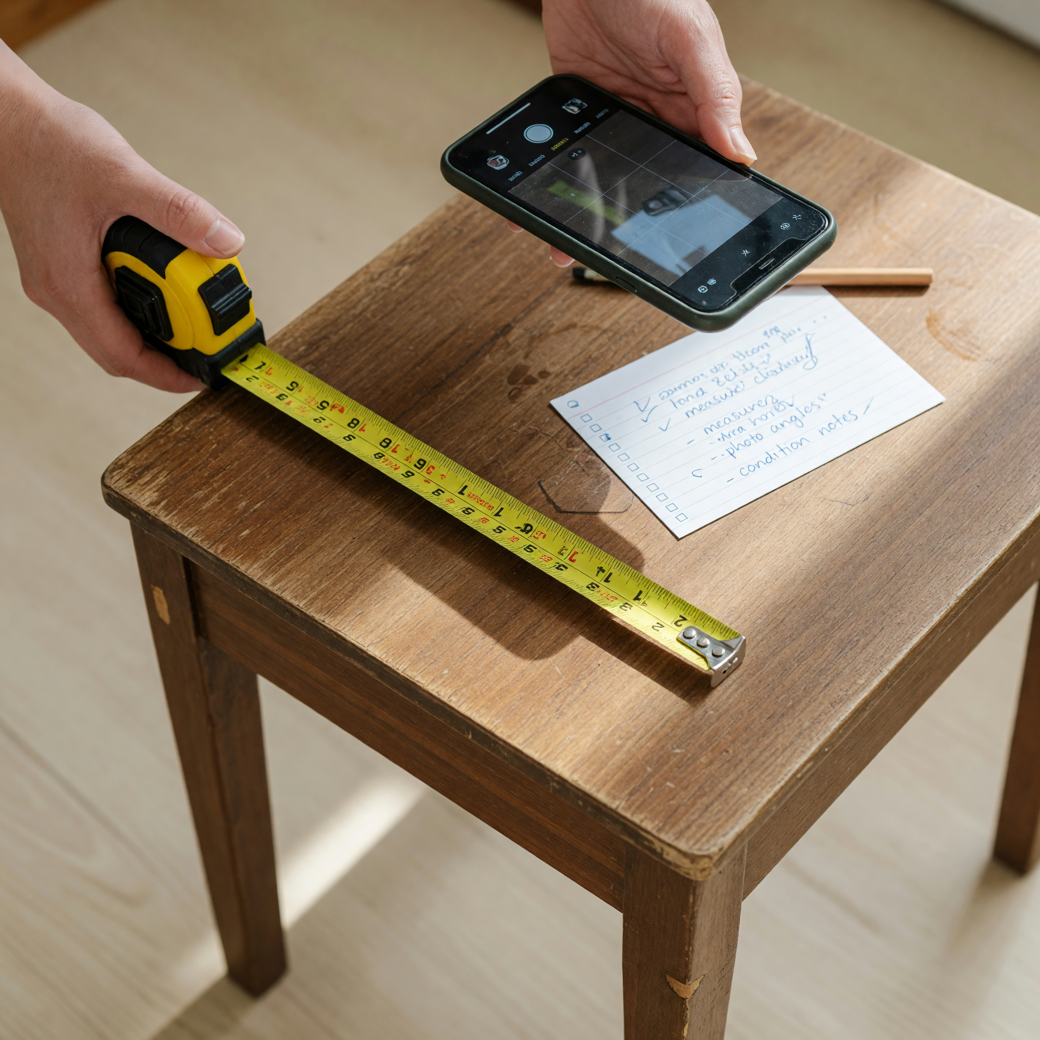 A seller measuring a used side table with a tape measure while preparing photos for a free classified ad