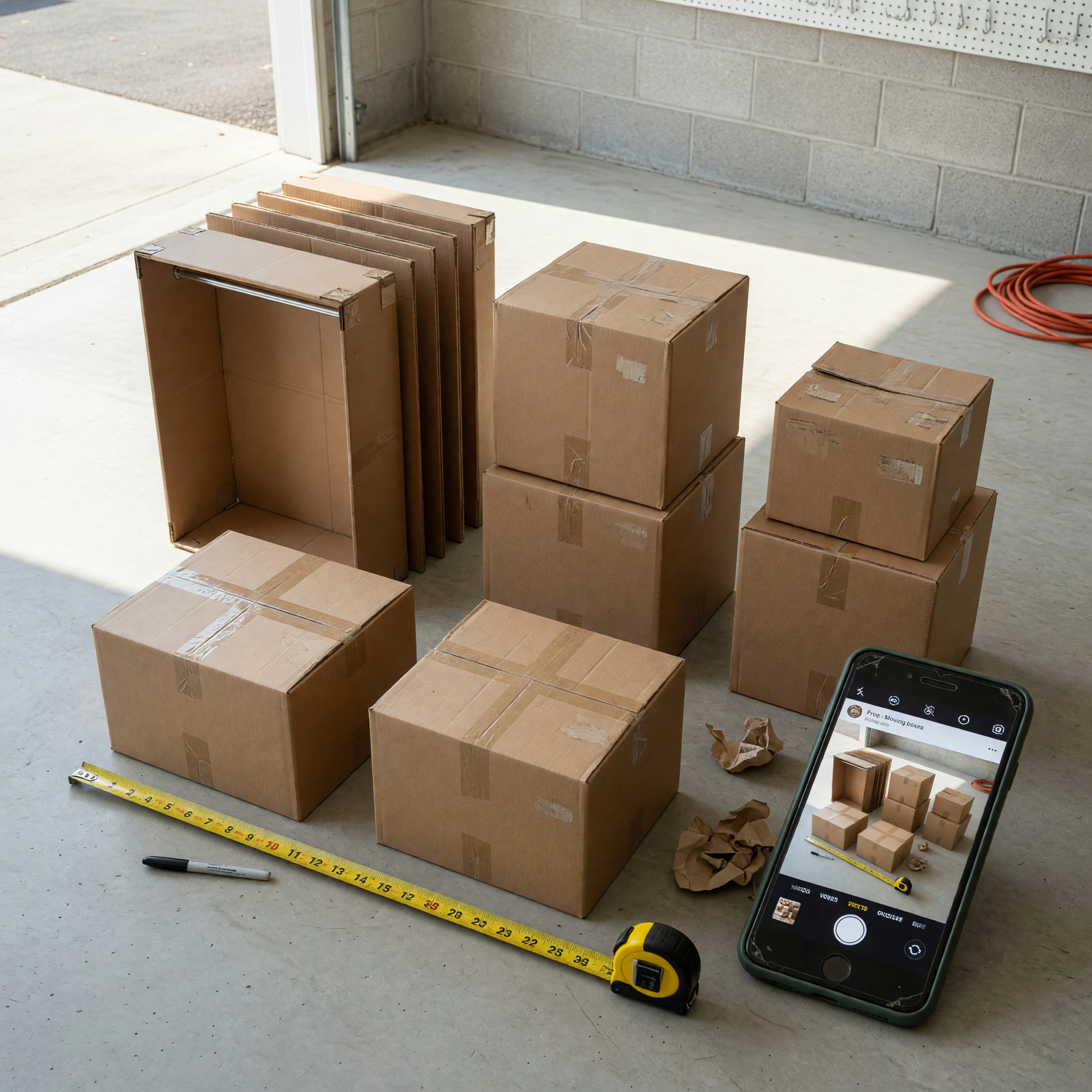 Used moving boxes sorted by size with a tape measure and phone ready for a free pickup listing