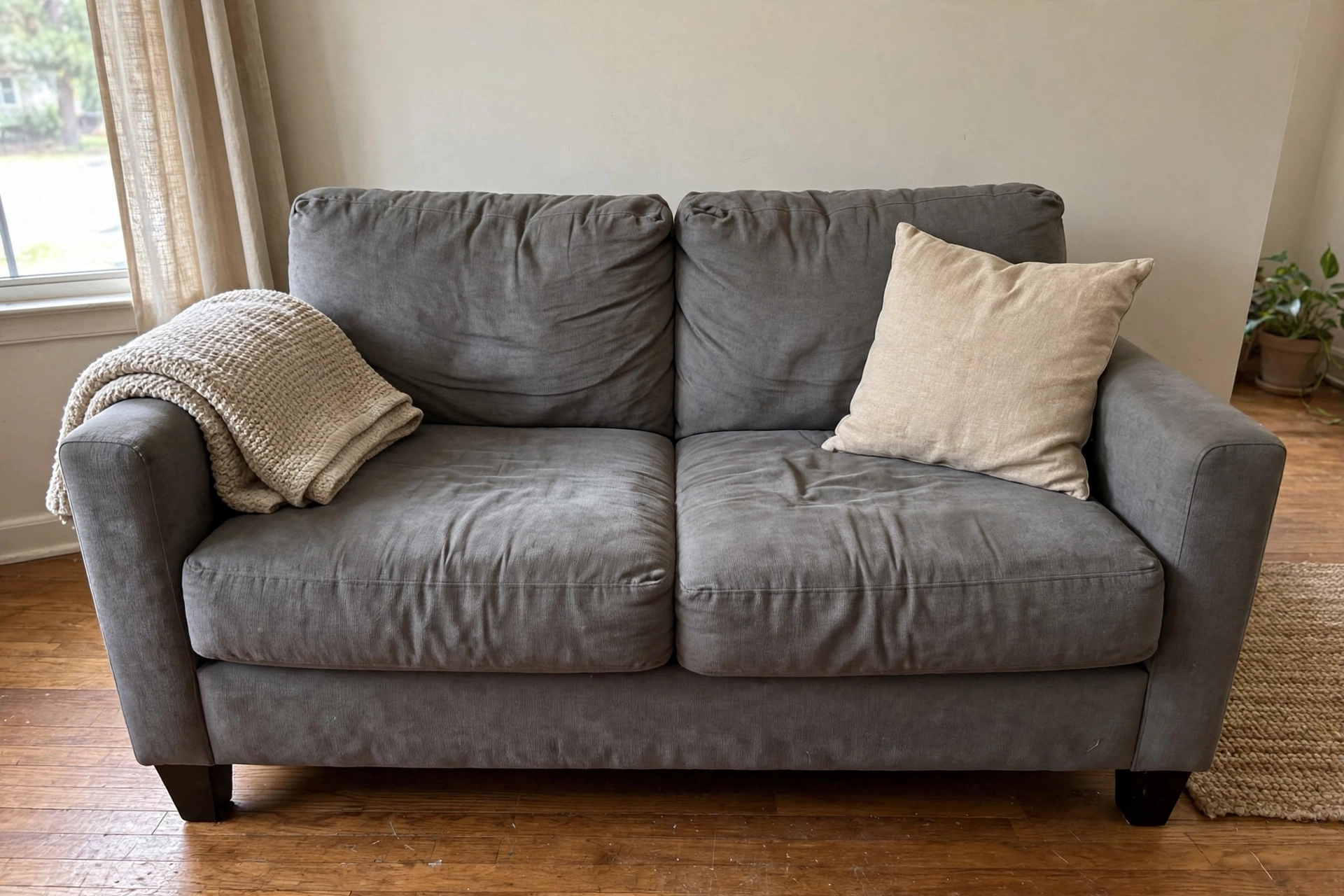 Gray fabric loveseat in a living room near a plain wall and hardwood floor
