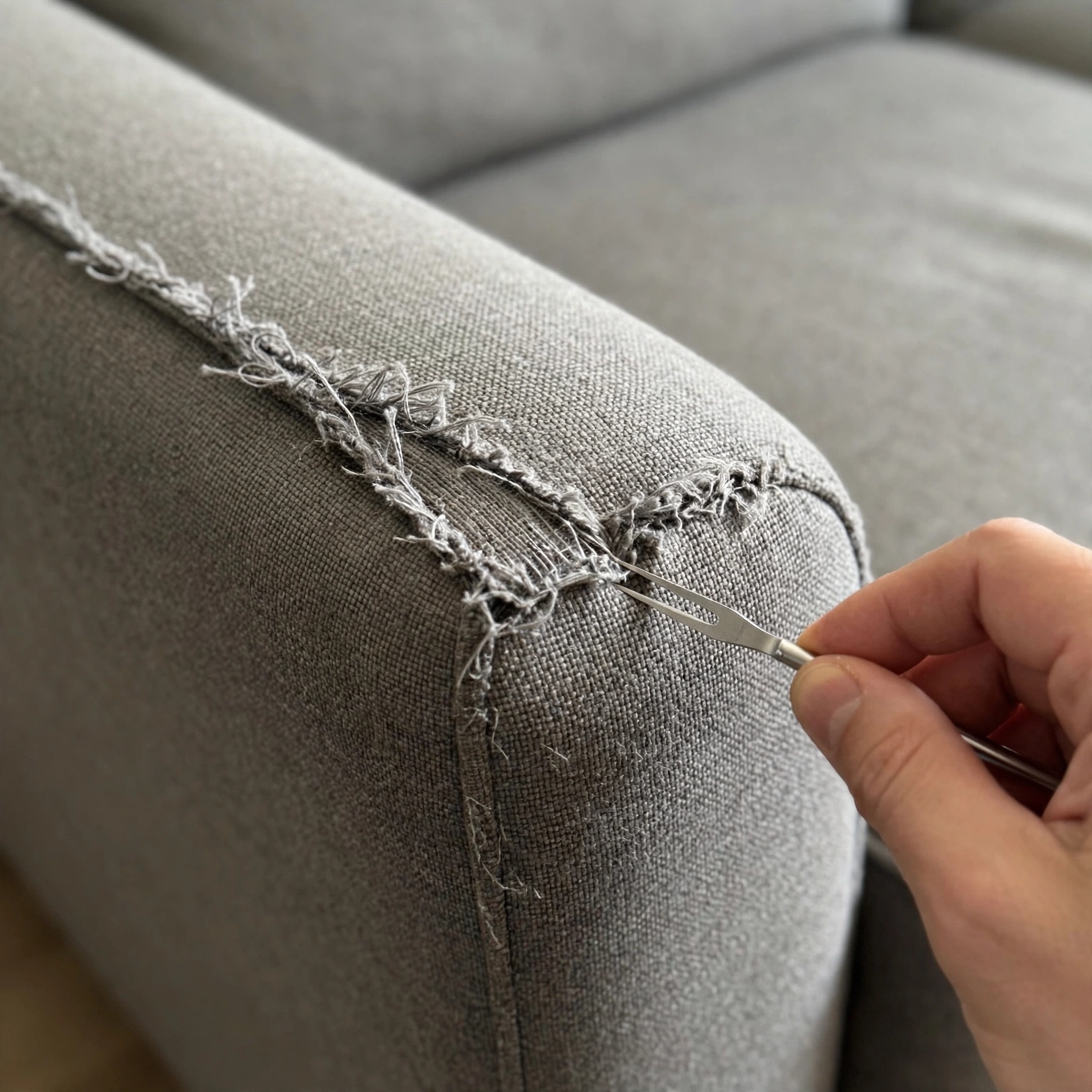 Close-up of a worn gray loveseat armrest showing fabric texture and fraying