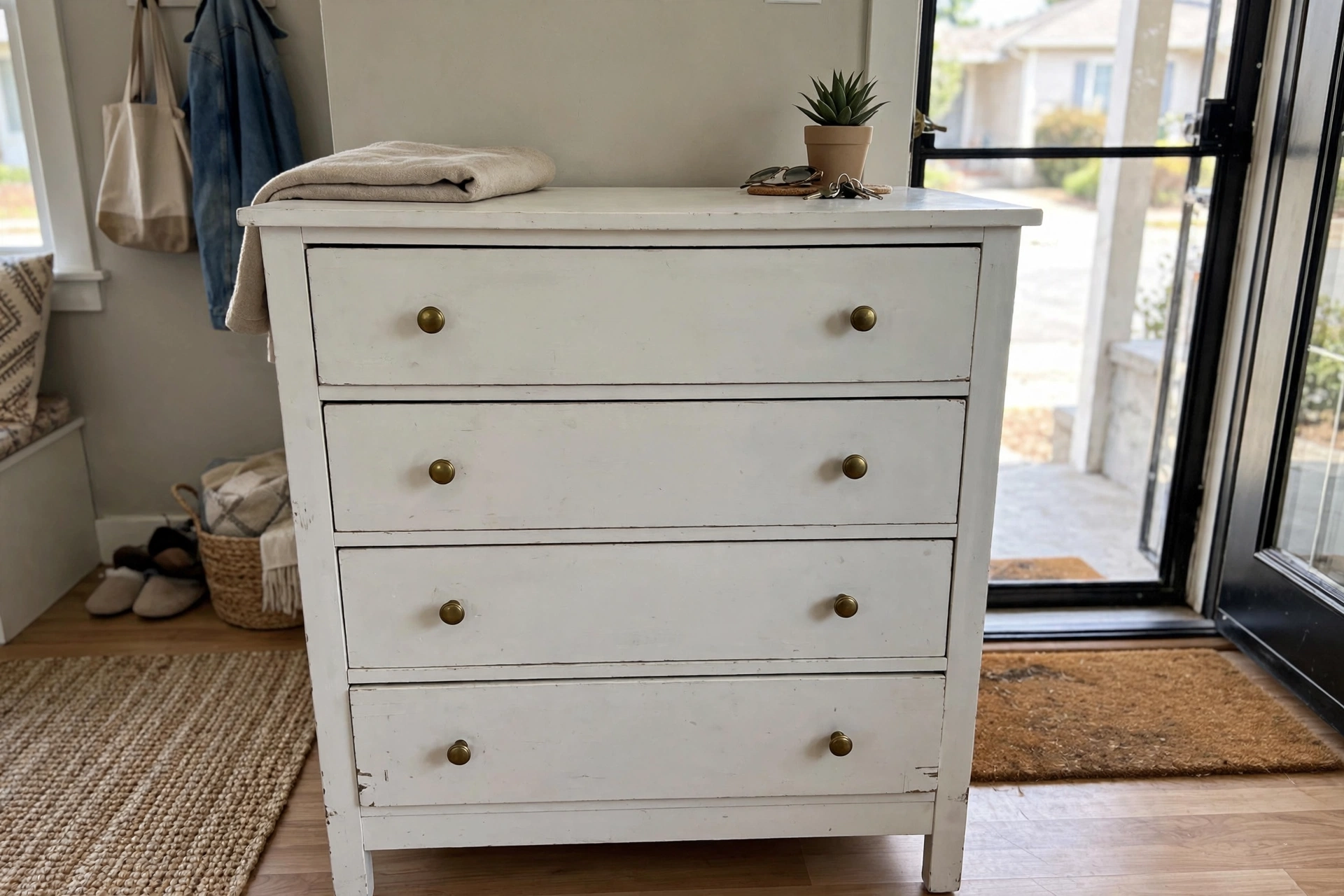 White wood four-drawer dresser in a living room near a front door.