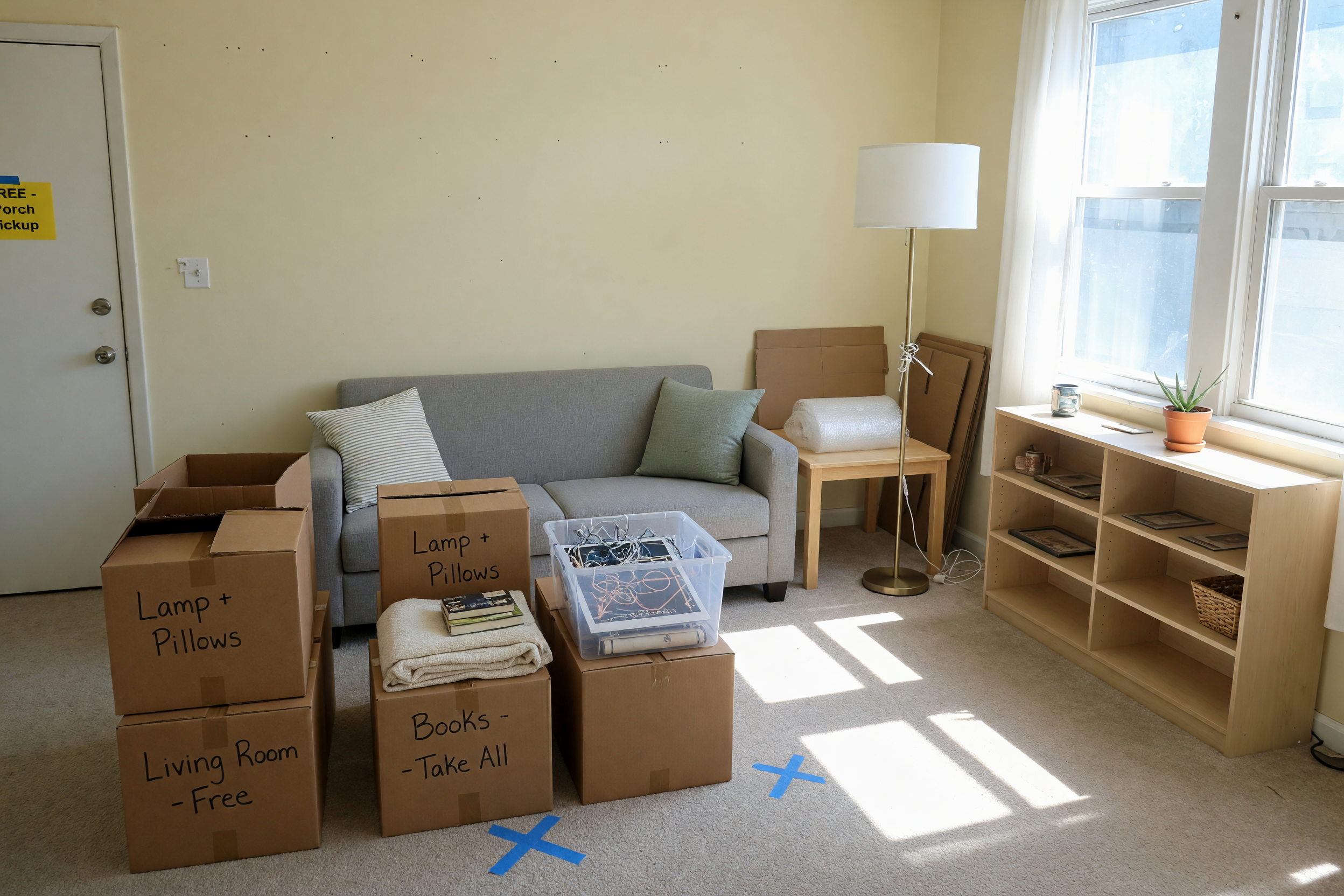Clean apartment furniture and moving boxes grouped in a bright living room for local free pickup