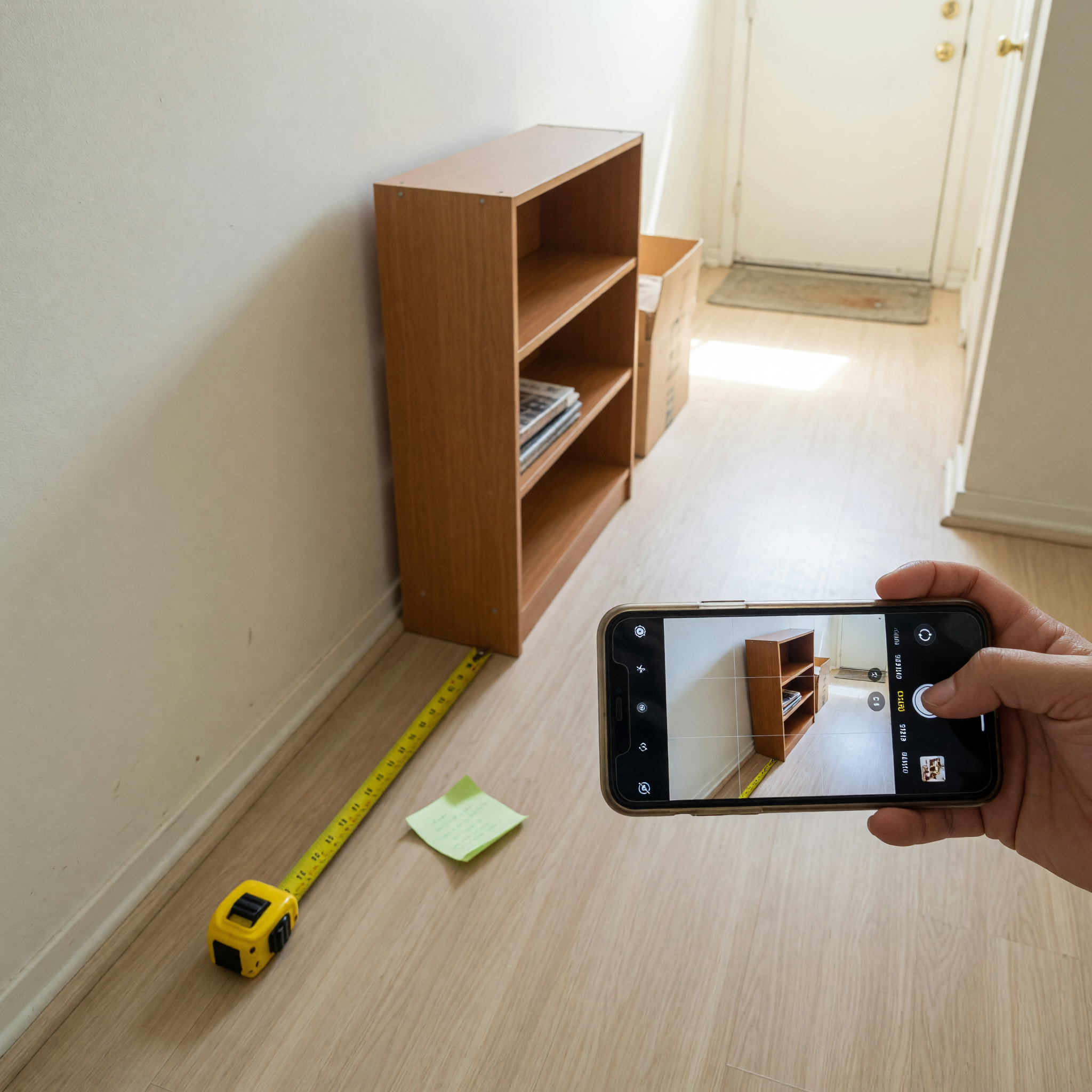 Tape measure and phone beside a small bookcase being prepared for a free apartment furniture pickup listing