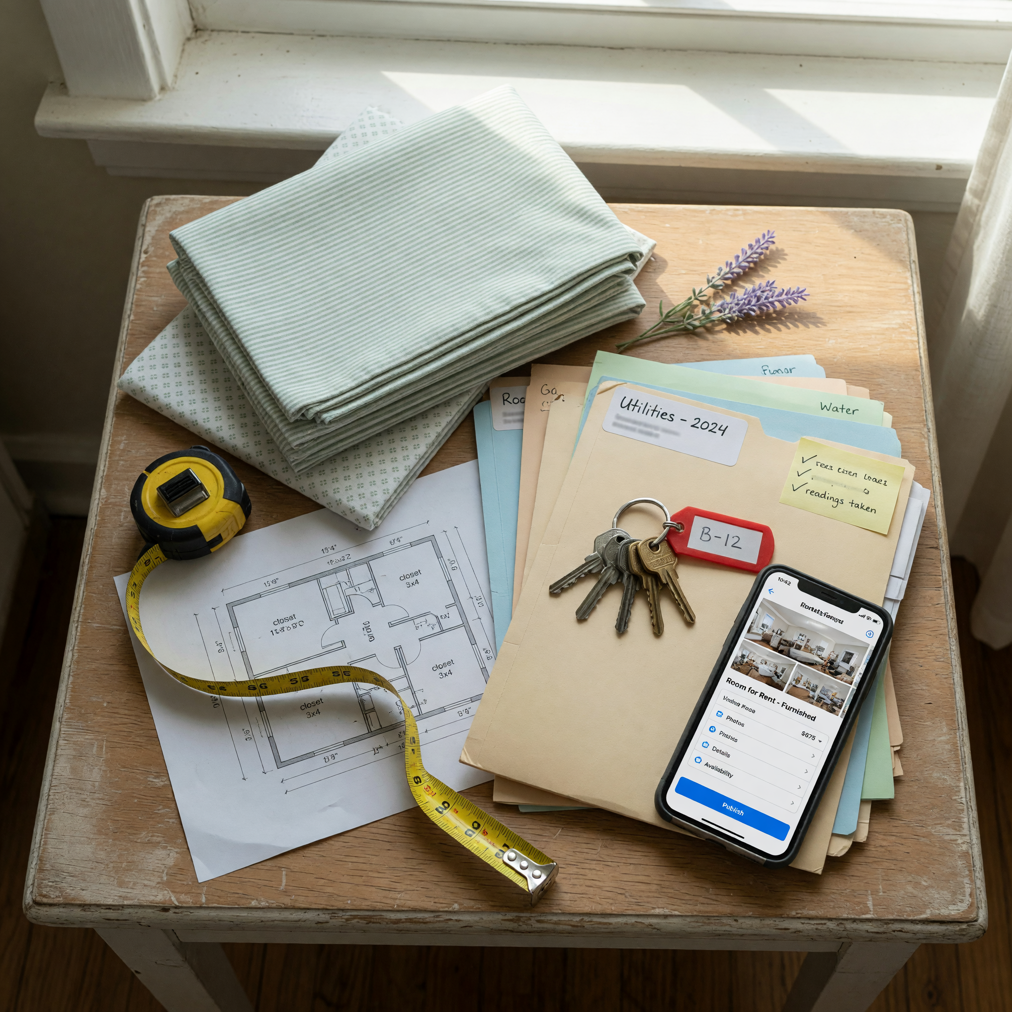 Furnished room rental listing preparation with keys, utility notes, bedding, and a phone