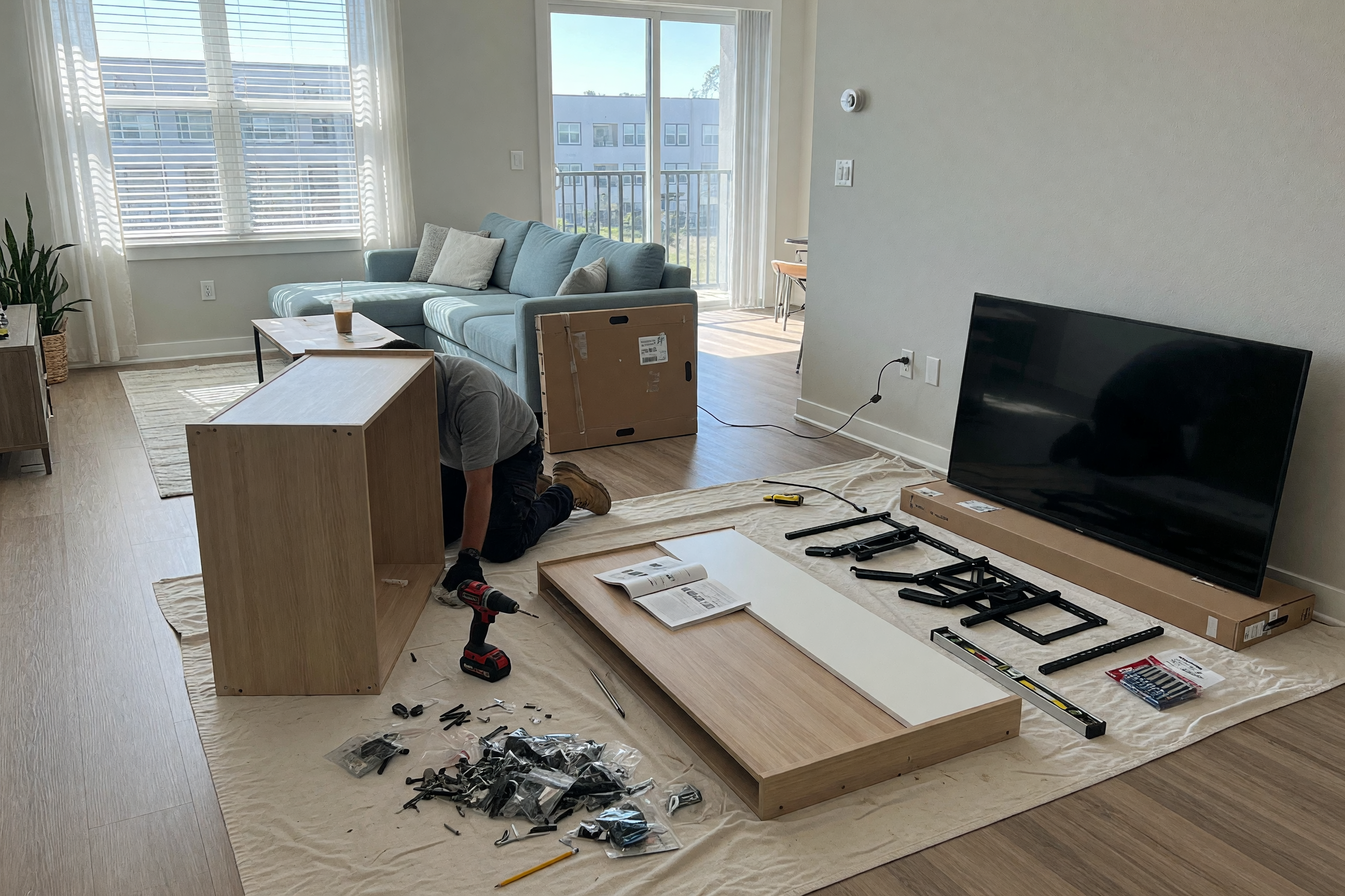 A home service worker assembling a flat-pack dresser and preparing to mount a flat-screen TV in a bright living room with a drill and hardware laid out
