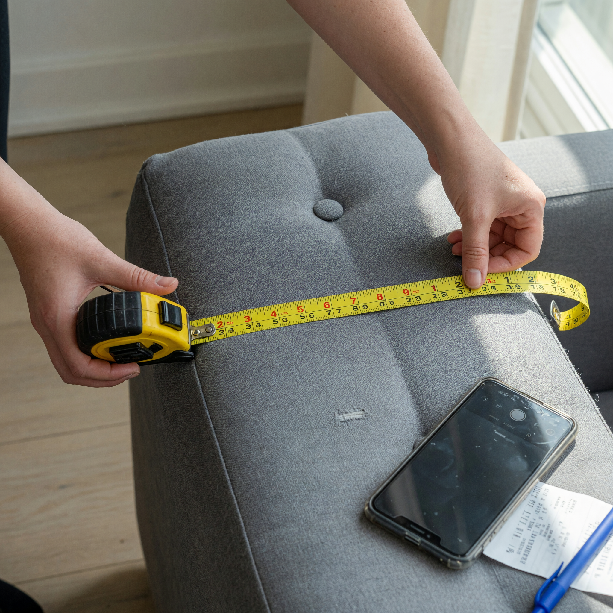 A person measuring the width of a gray fabric couch cushion with a tape measure while a smartphone waits to photograph it
