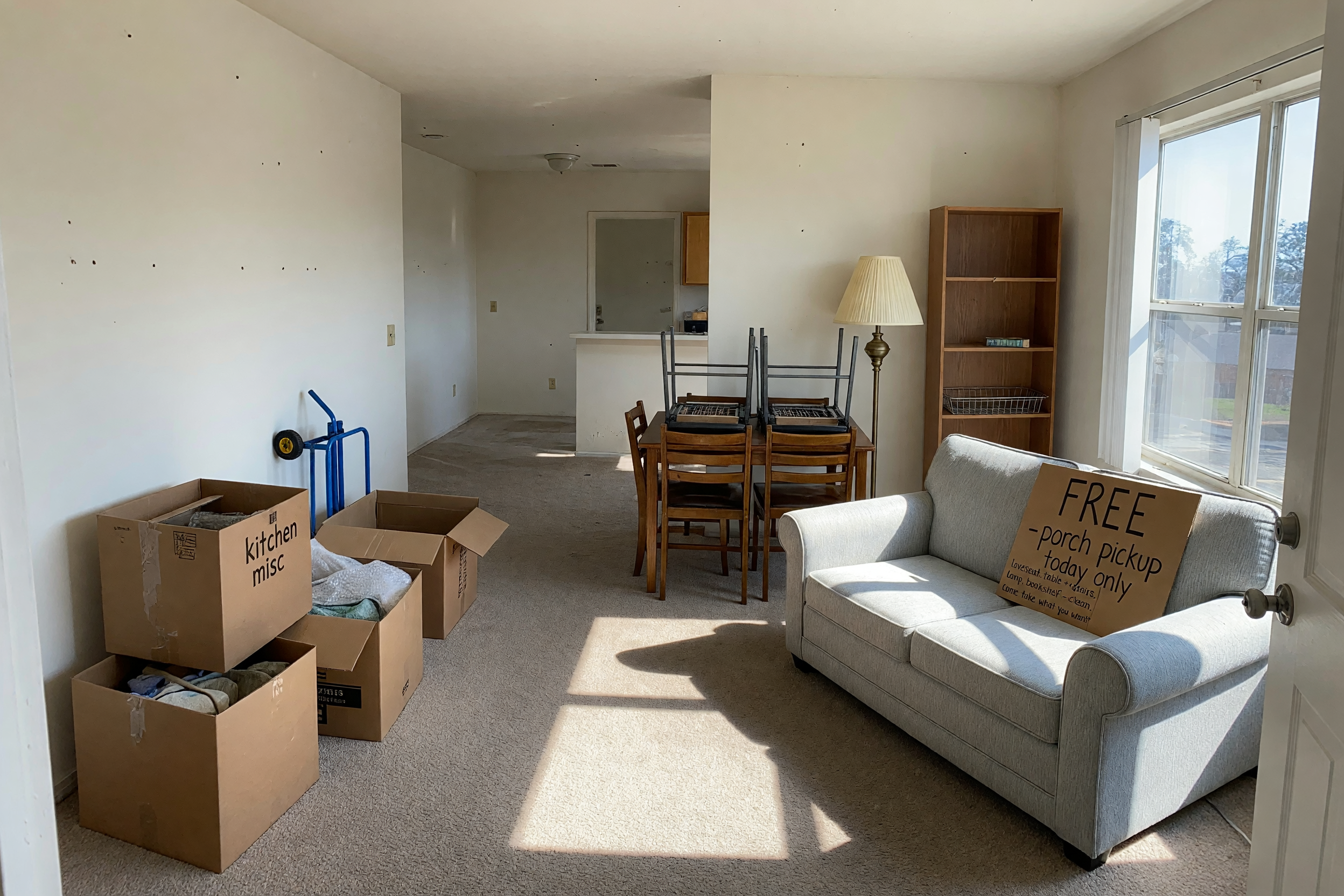 Clean furniture arranged near a door for free local pickup during an apartment move-out
