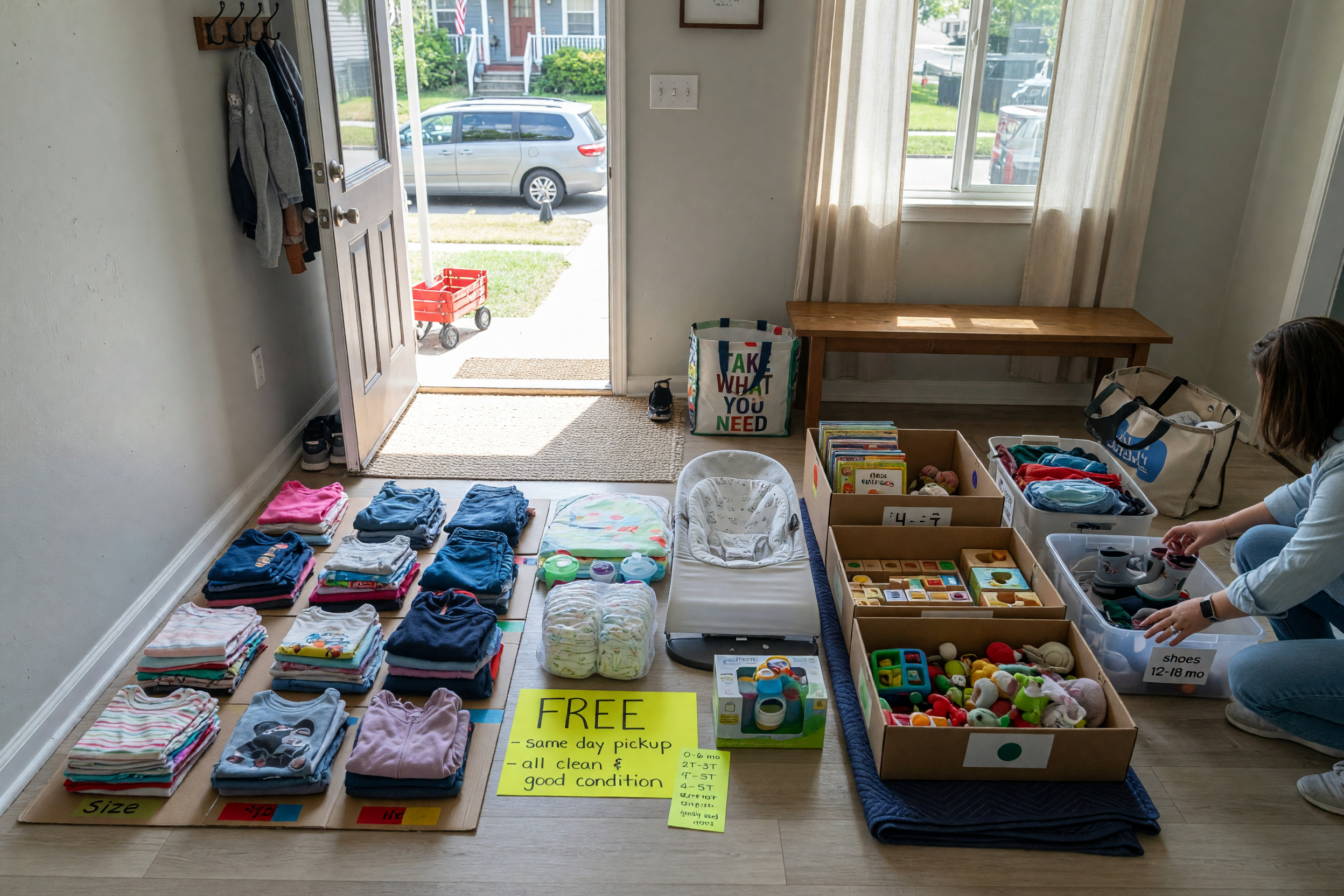 Organized kids clothing, toys, and baby gear ready for a free local pickup listing