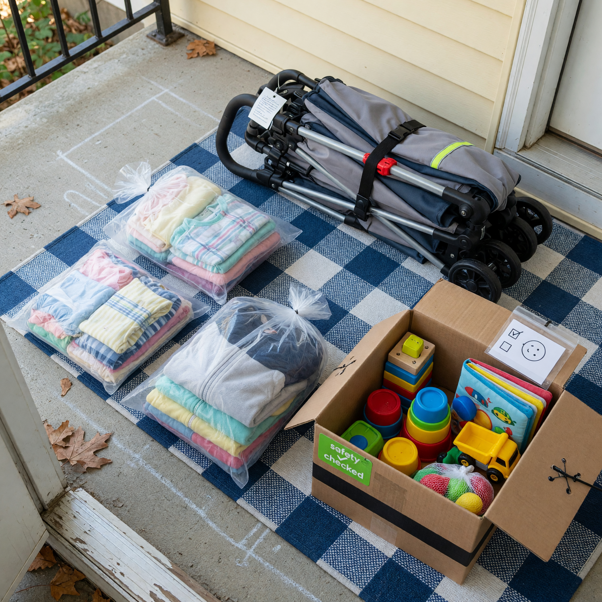 Clean kids clothing bundles and small toys arranged for a same-day pickup listing
