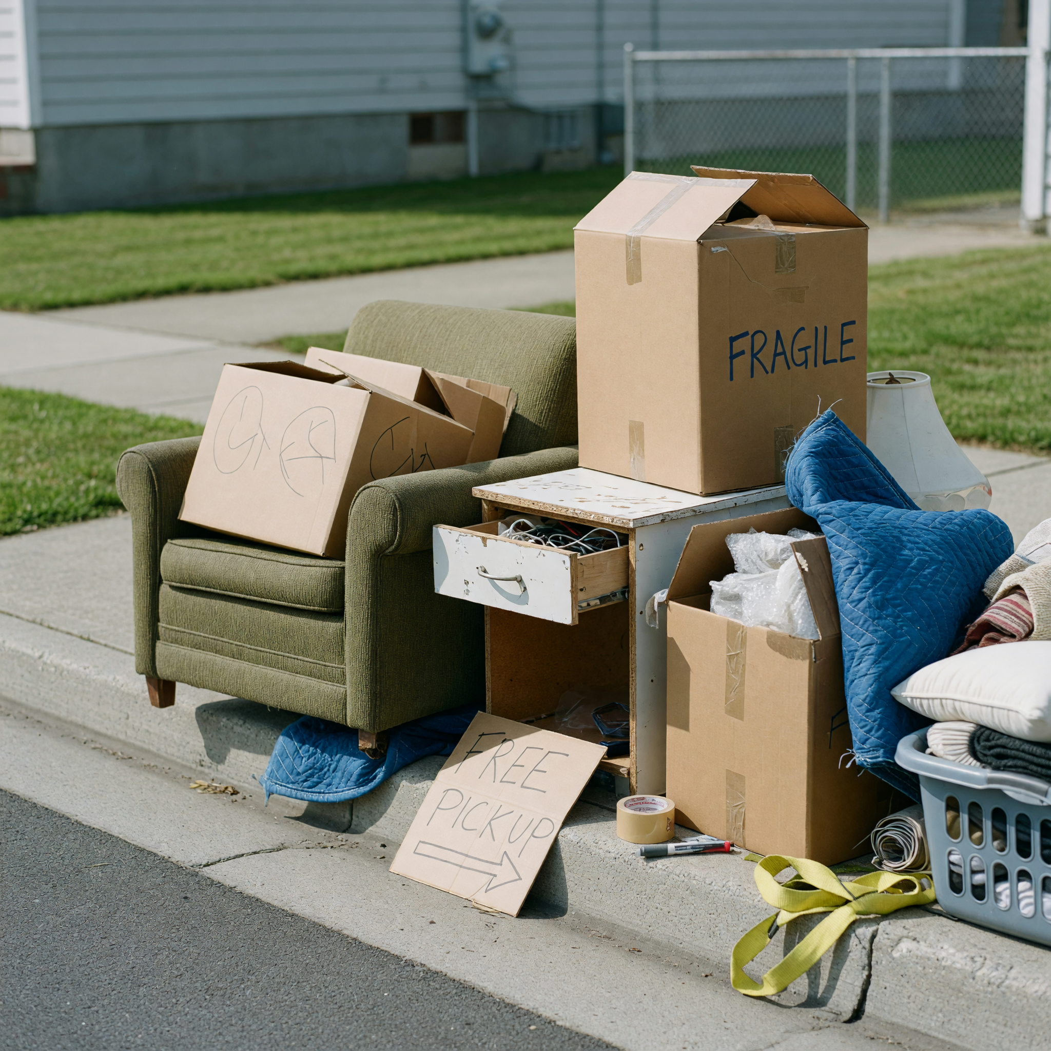 Boxes and furniture ready for free pickup