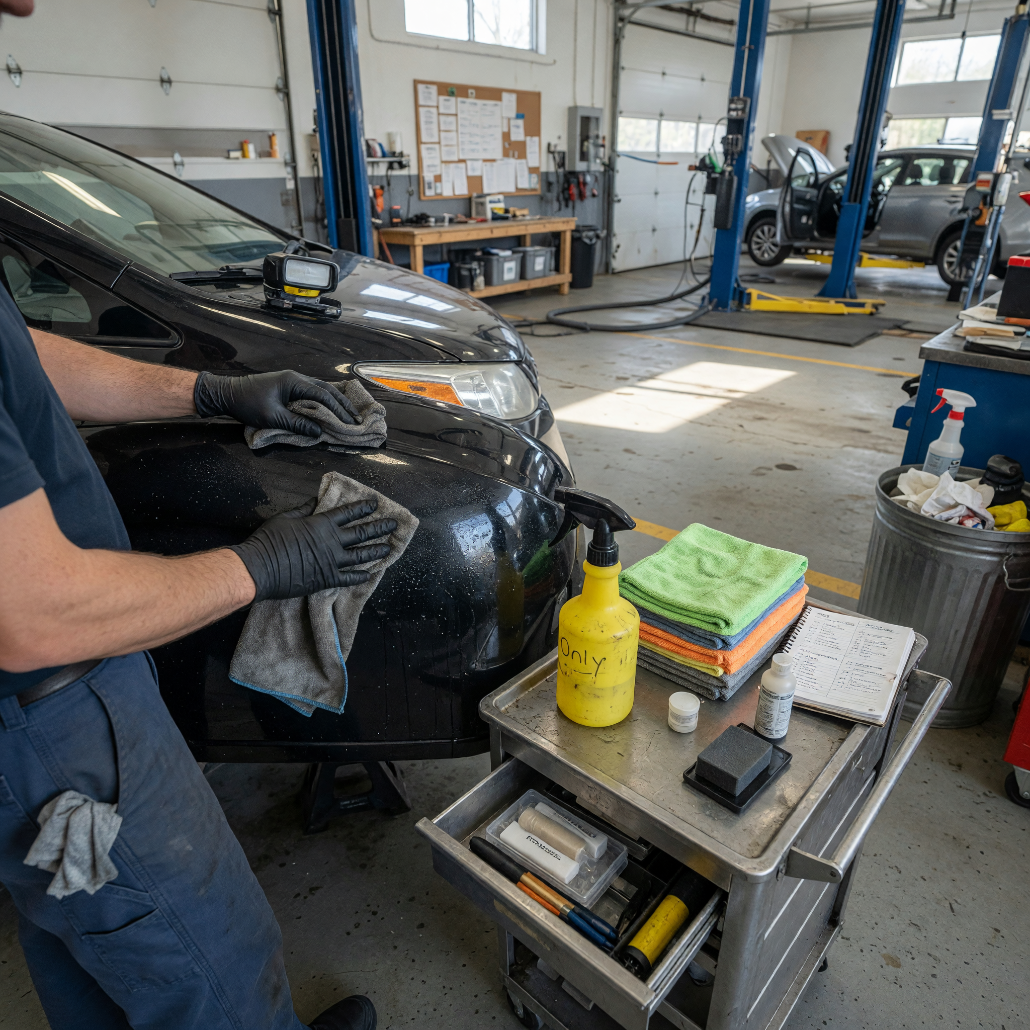 A technician finishing automotive detailing work in a clean service bay