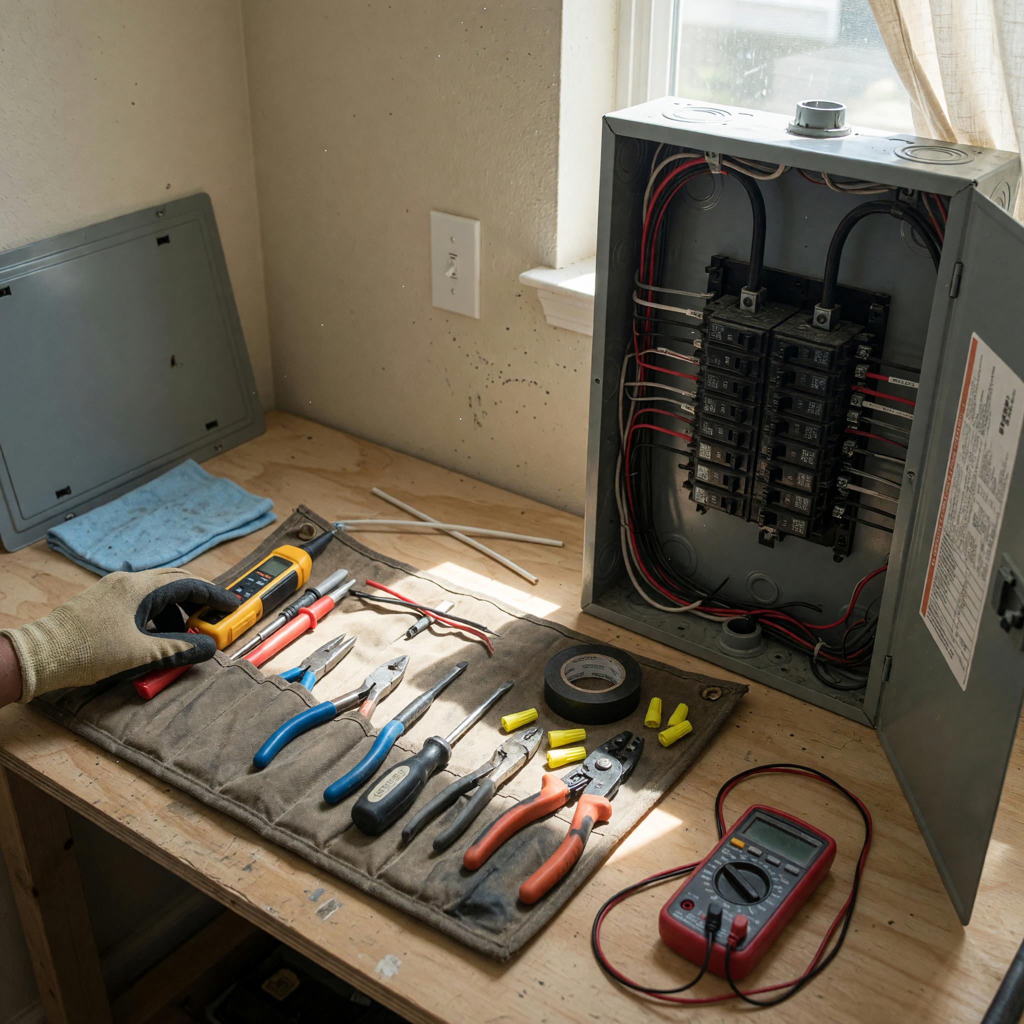 Electrician preparing tools beside a home electrical panel