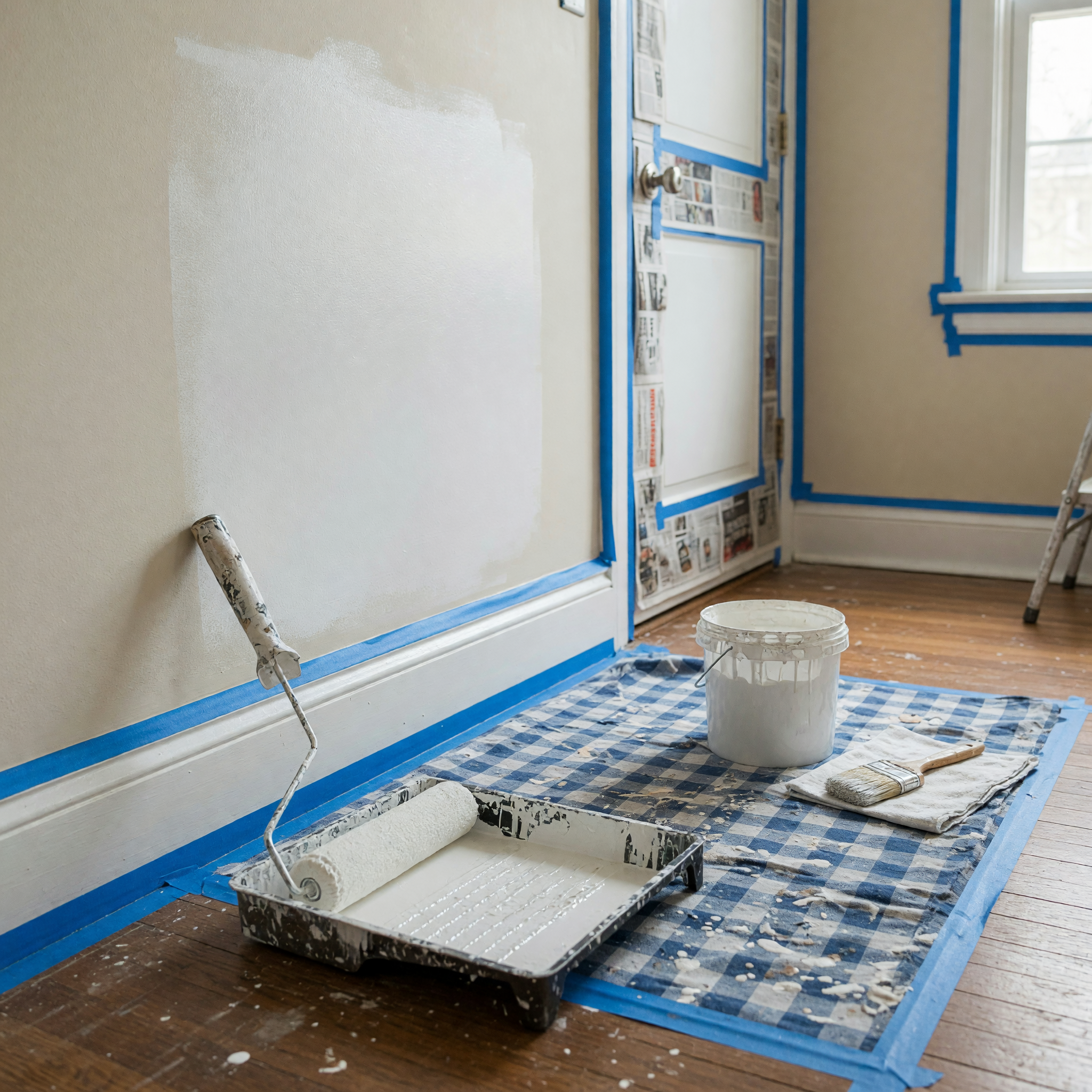 Interior painting setup with protective prep and fresh wall color.