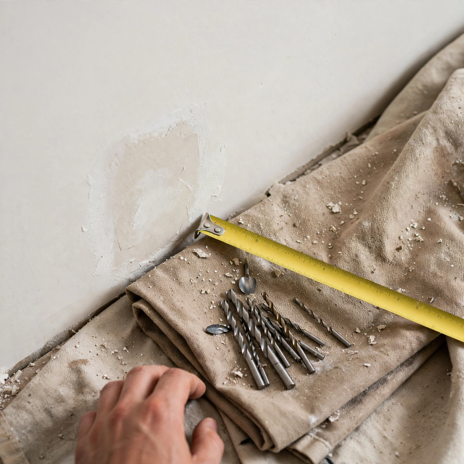 A tape measure and drill bit resting on a folded drop cloth beside a repaired wall
