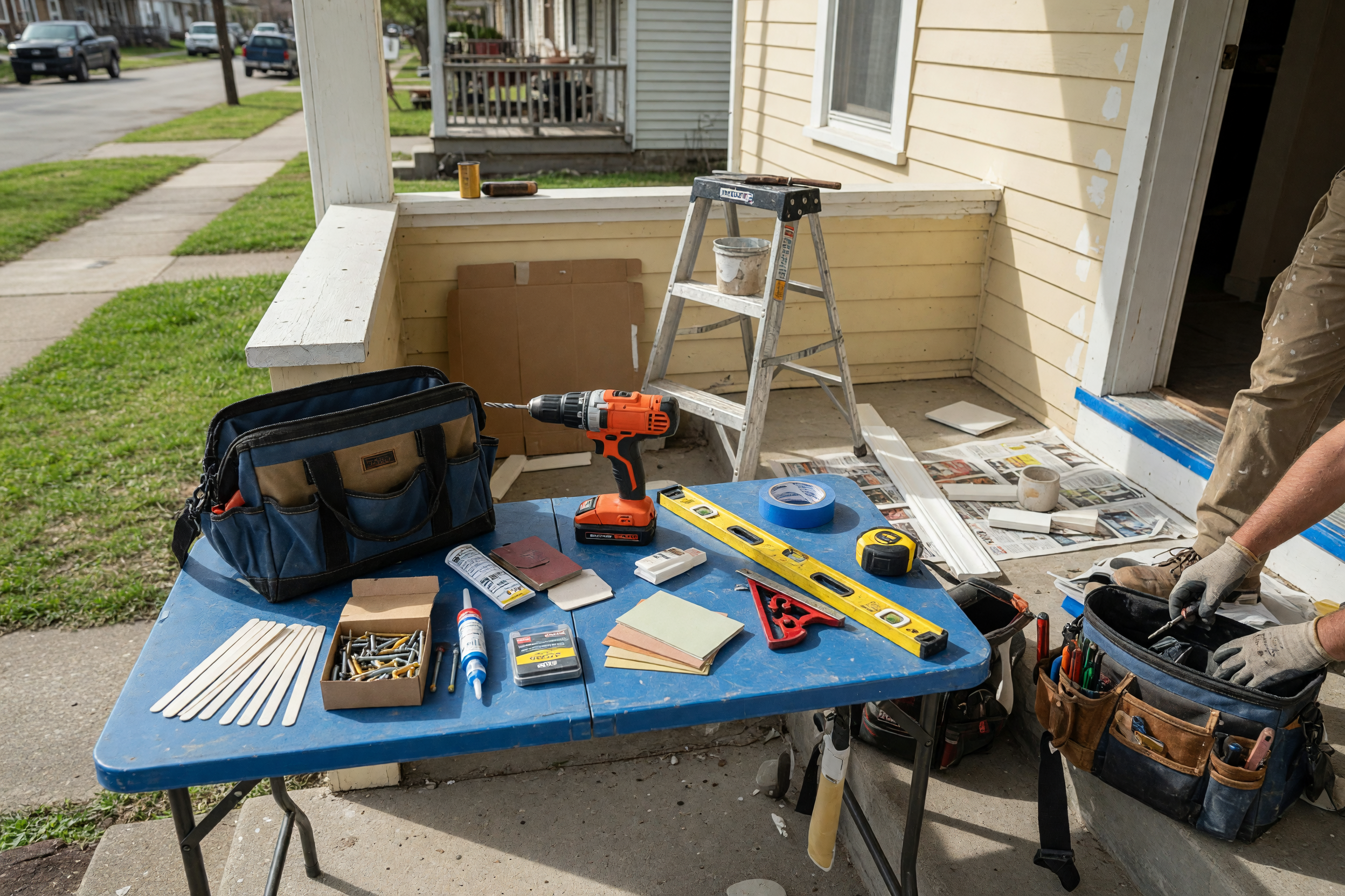 Handyman tools arranged beside a small home repair work area