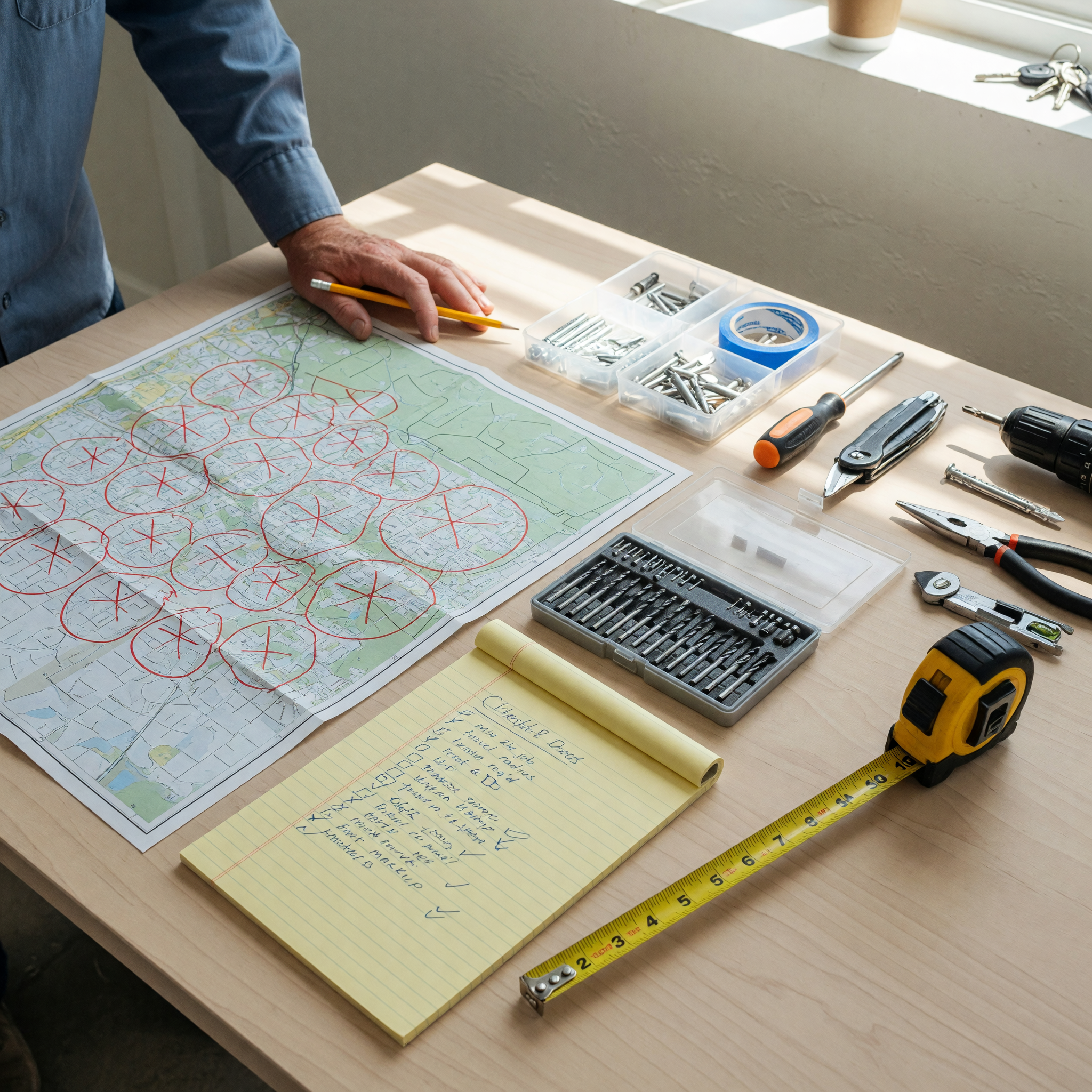 Handyman marking a local coverage map beside tools and a repair checklist