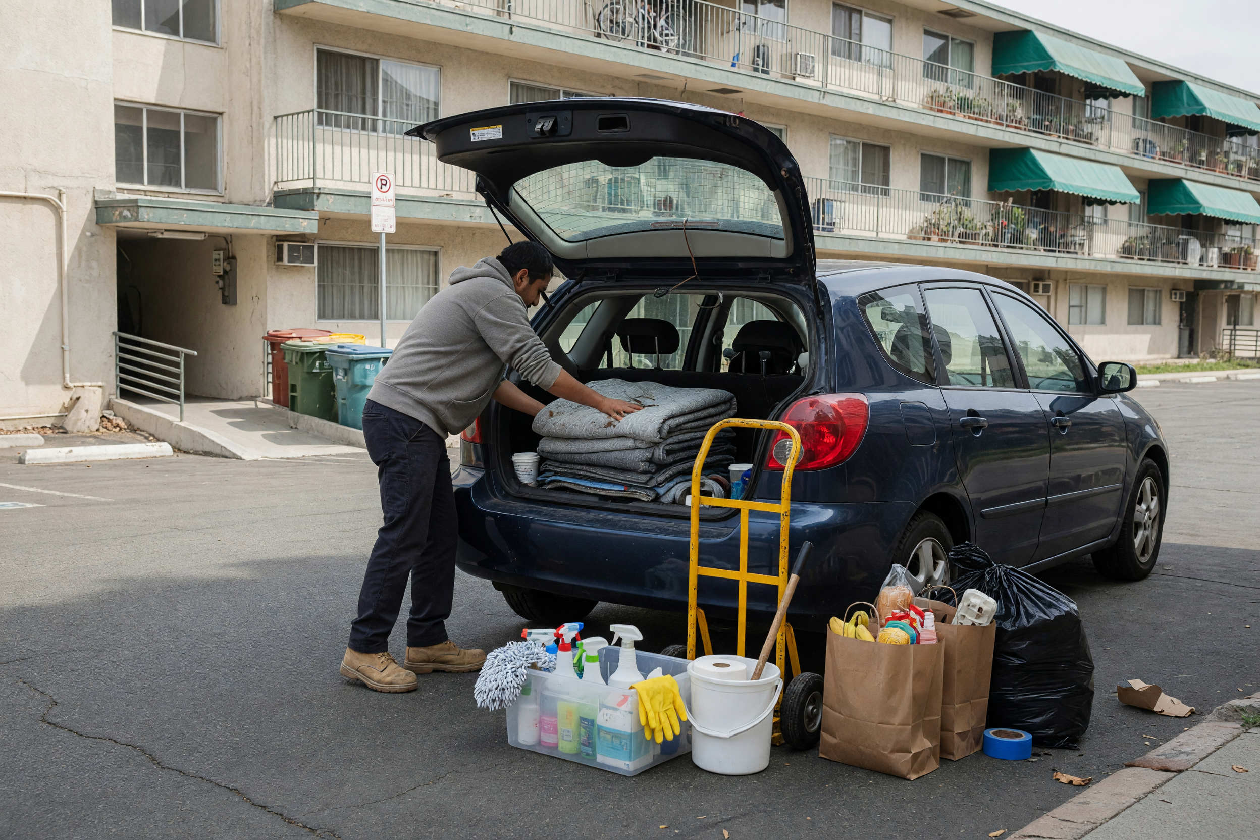 Local helper loading moving blankets, cleaning supplies, and errand bags into a hatchback outside an apartment building