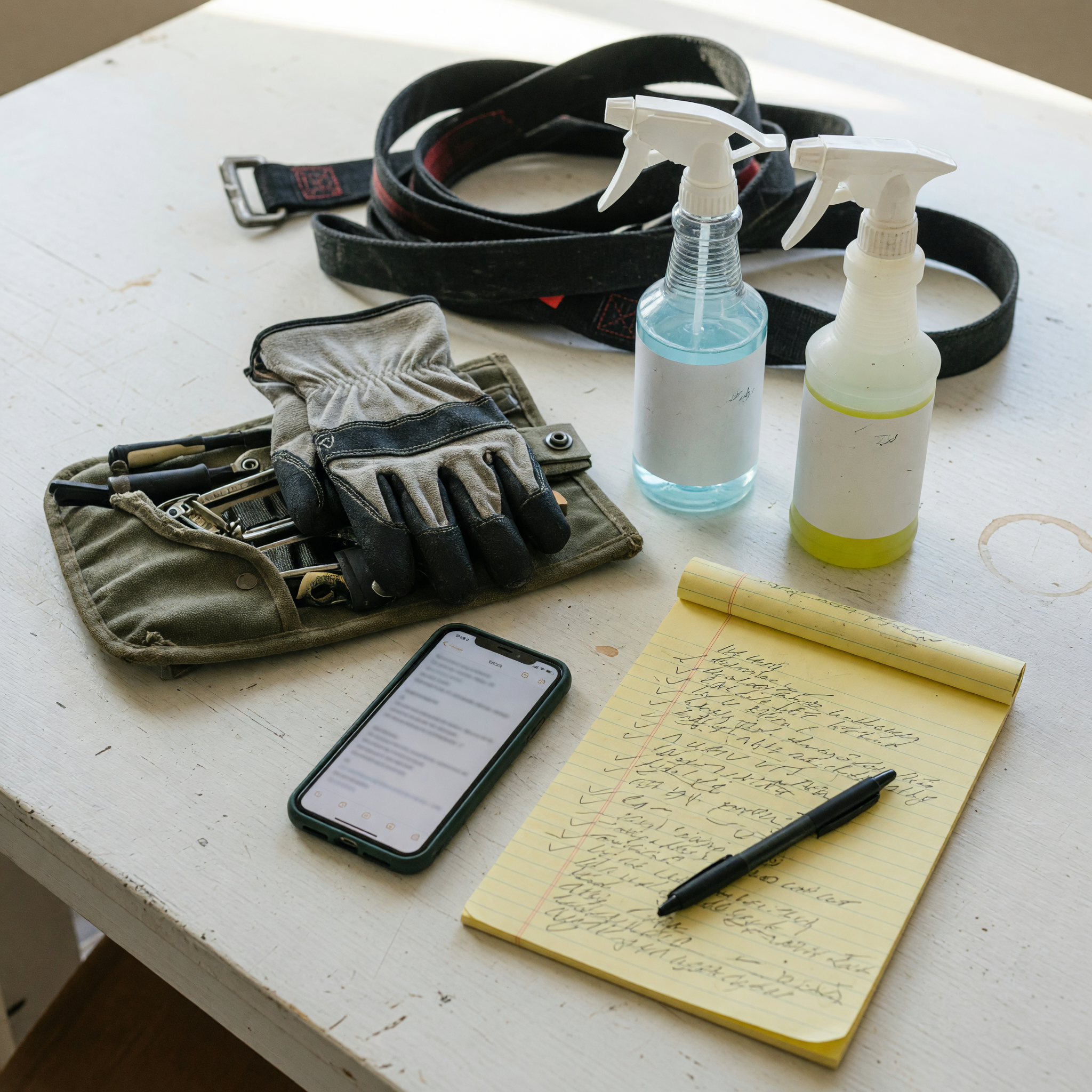 Close view of work gloves, moving straps, cleaning supplies, and a phone beside a handwritten helper job checklist