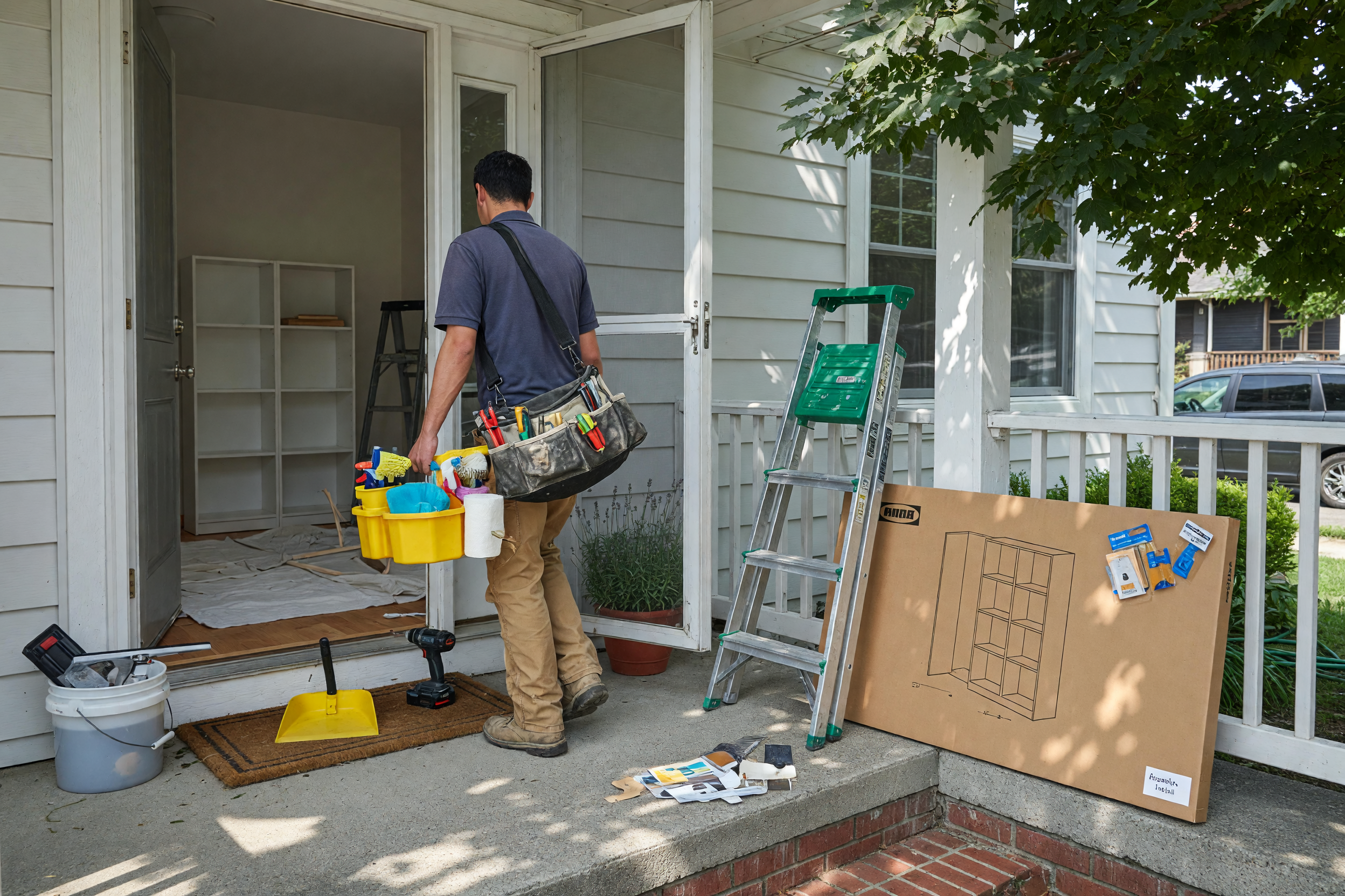 Local home task helper arriving with a tool bag, cleaning caddy, step ladder, and flat-pack furniture box