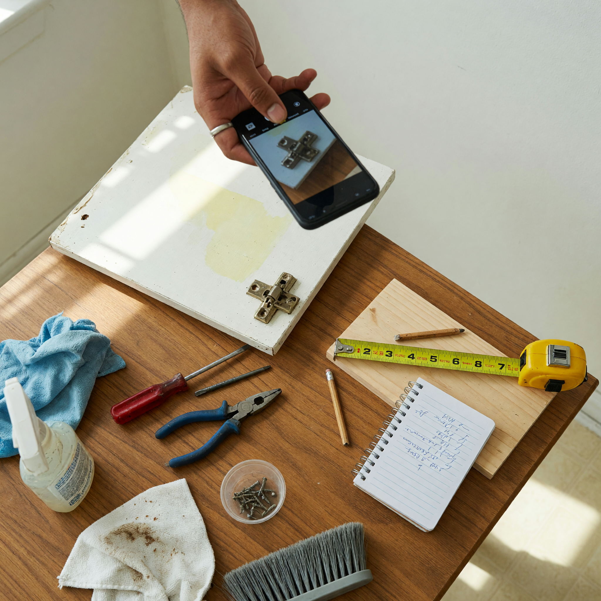Home task helper documenting a loose cabinet hinge with a phone beside hand tools and cleaning supplies