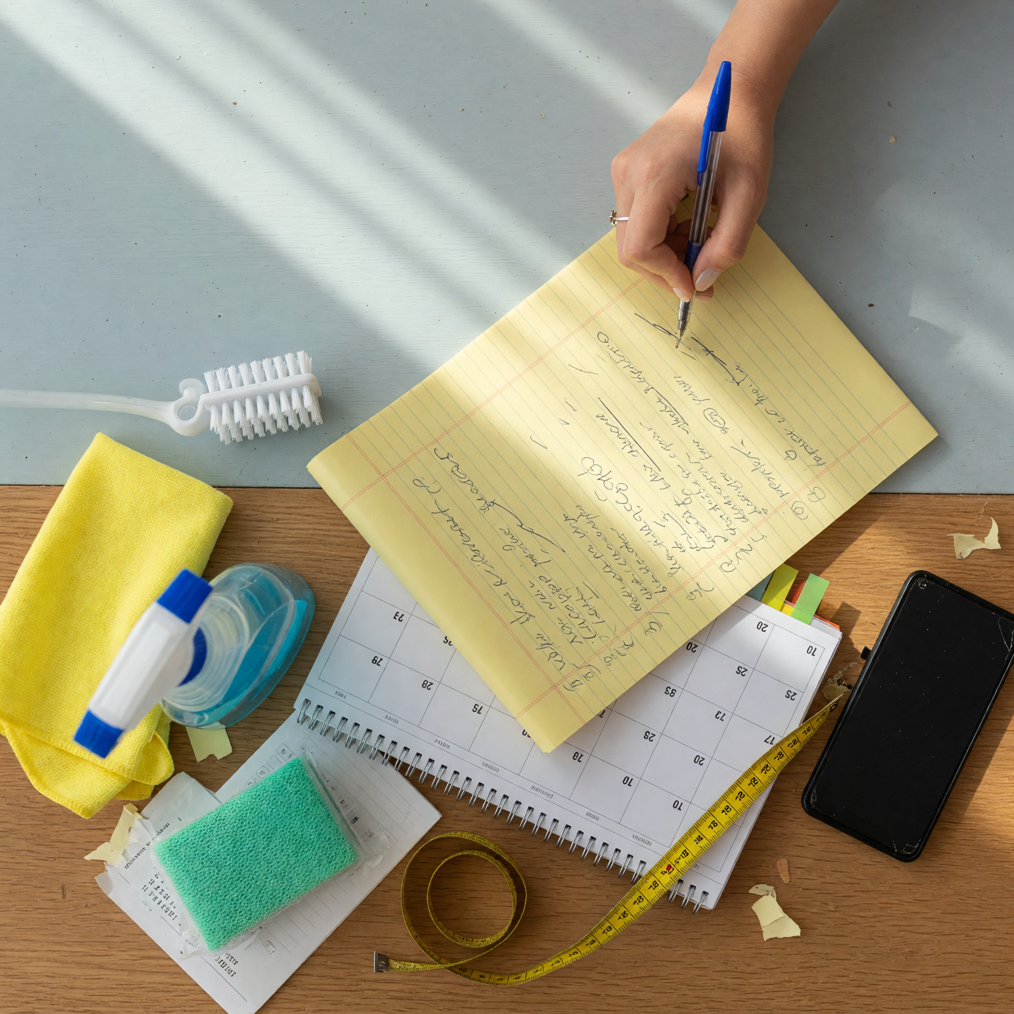 House cleaning supplies beside a notebook for service area and package pricing notes