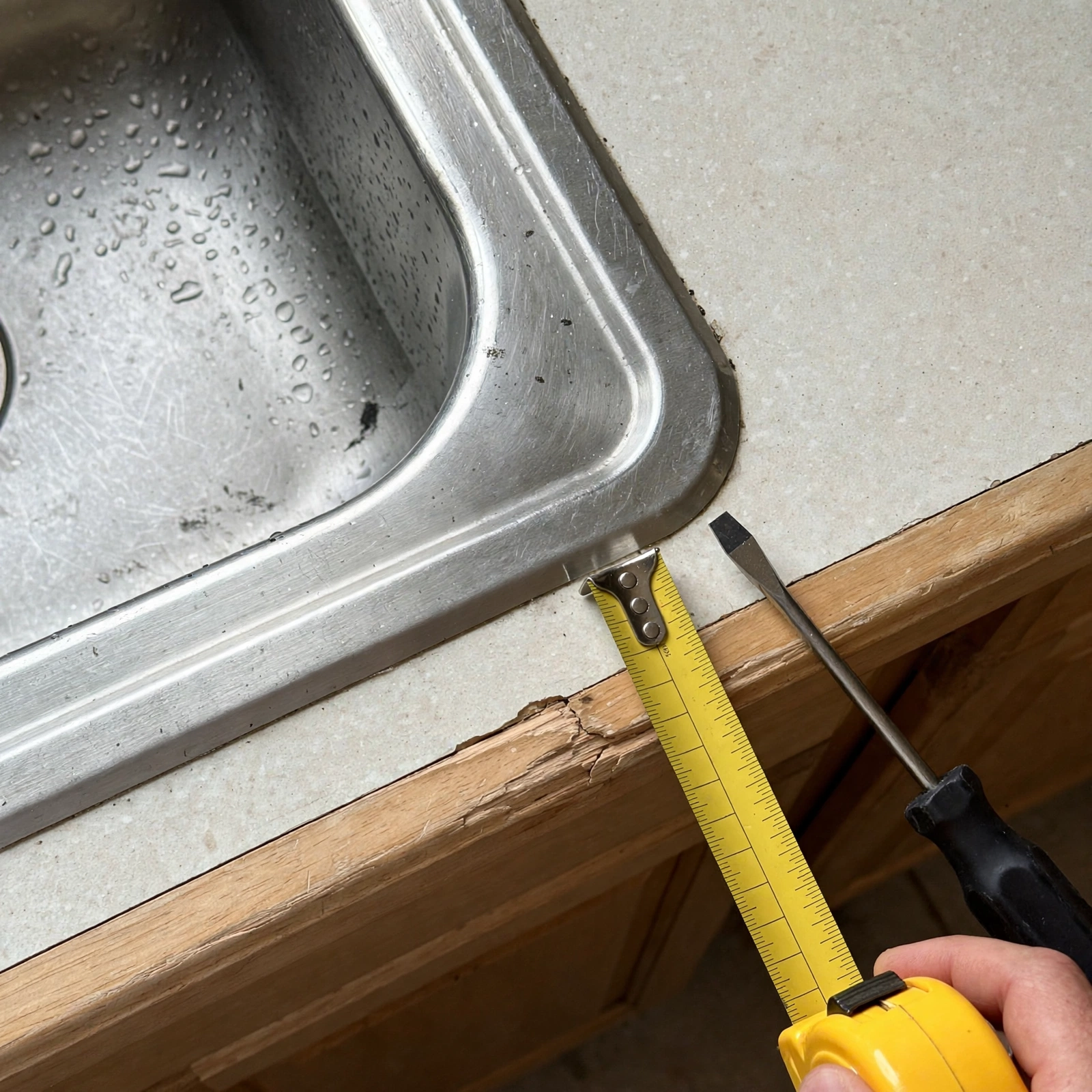 Close kitchen counter detail with sink and cabinet edge showing clean finishes