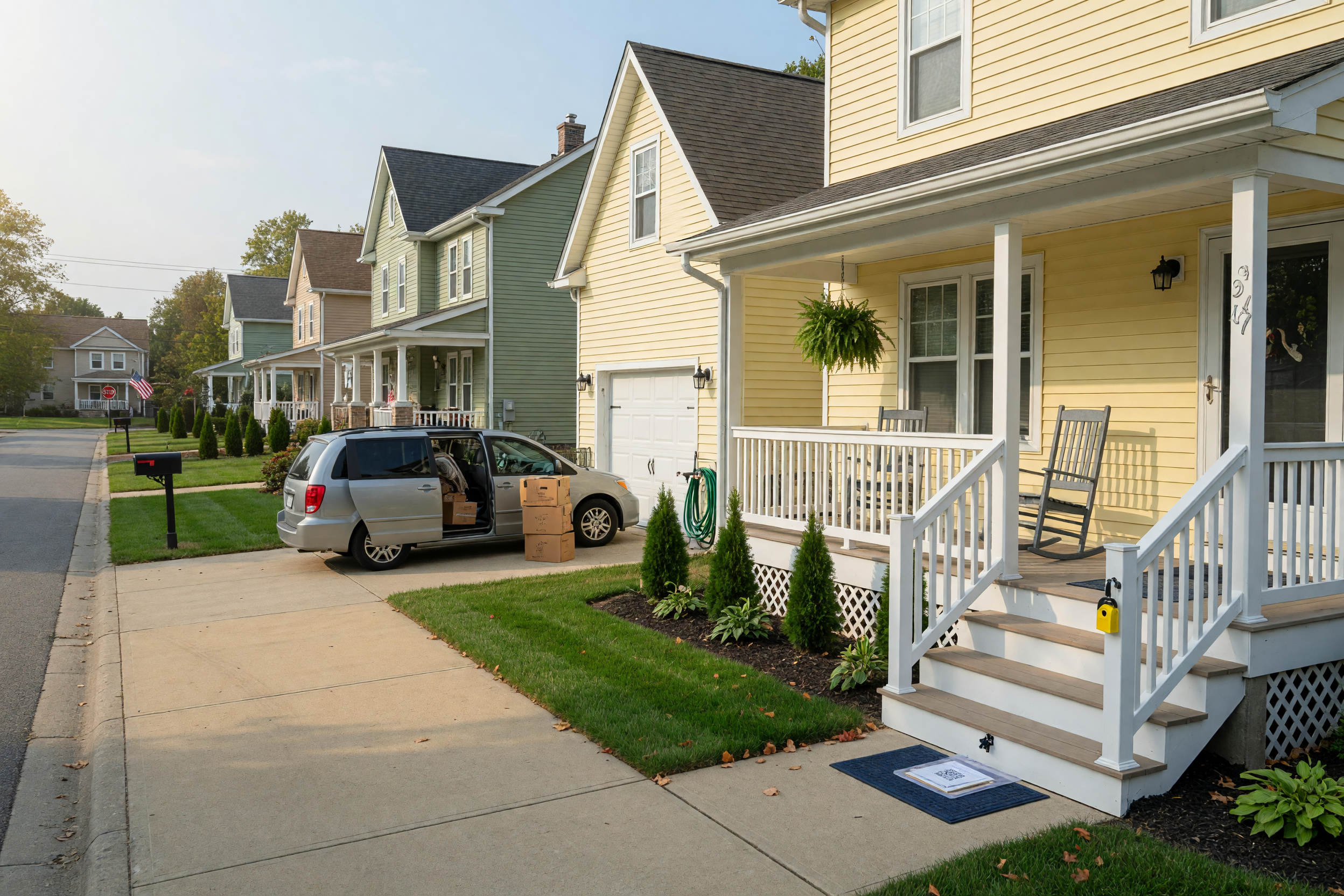 A clean single-family rental house with a front porch and driveway in daylight