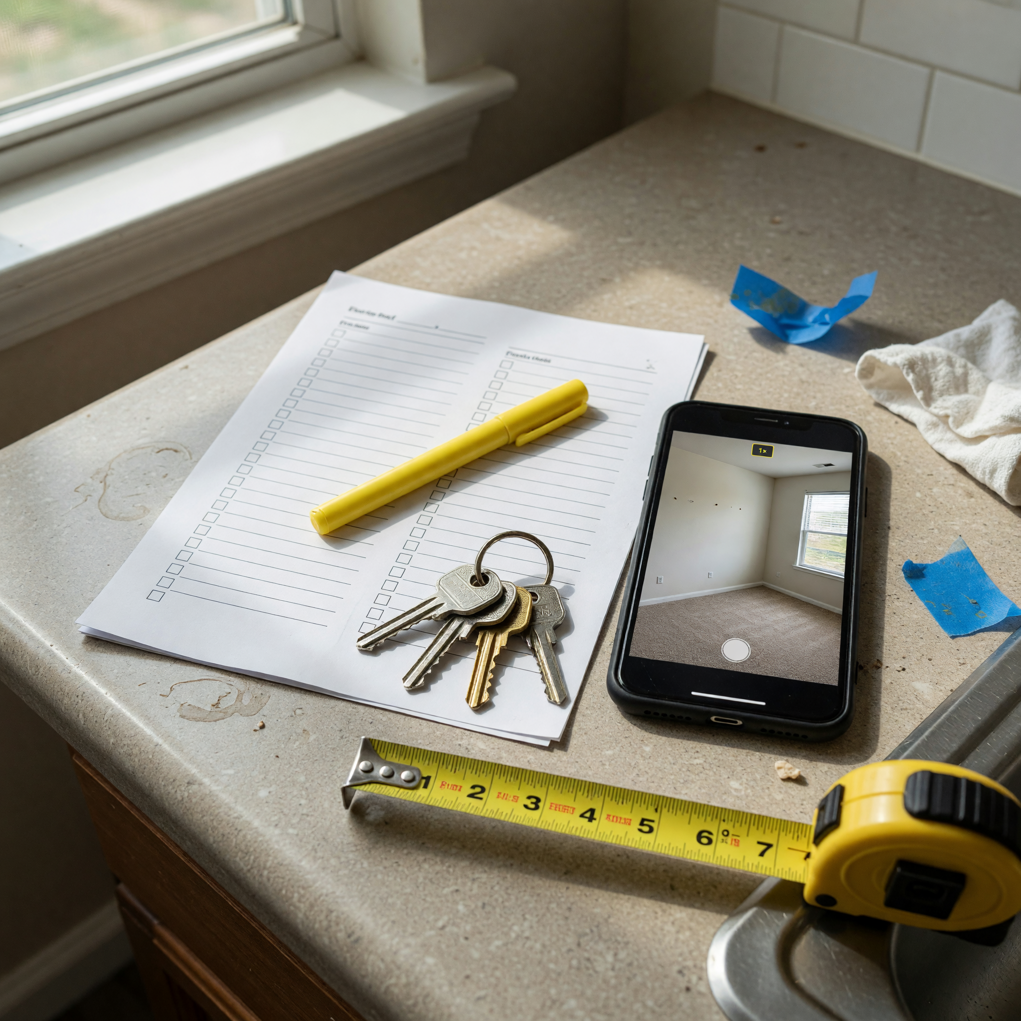 House keys, a tape measure, a smartphone, and a rental listing checklist on a clean kitchen counter