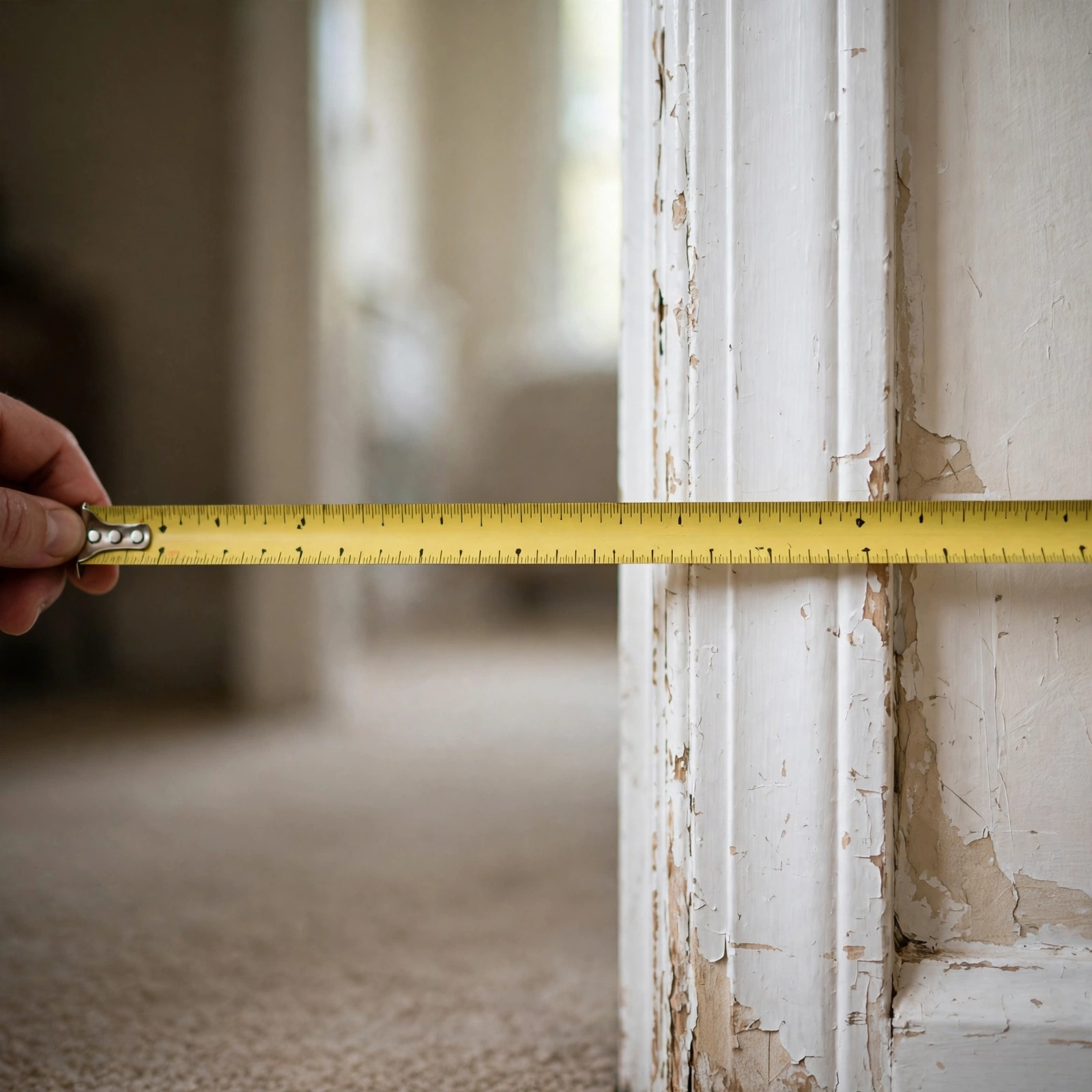 Measuring tape stretched across a bedroom doorway beside white trim
