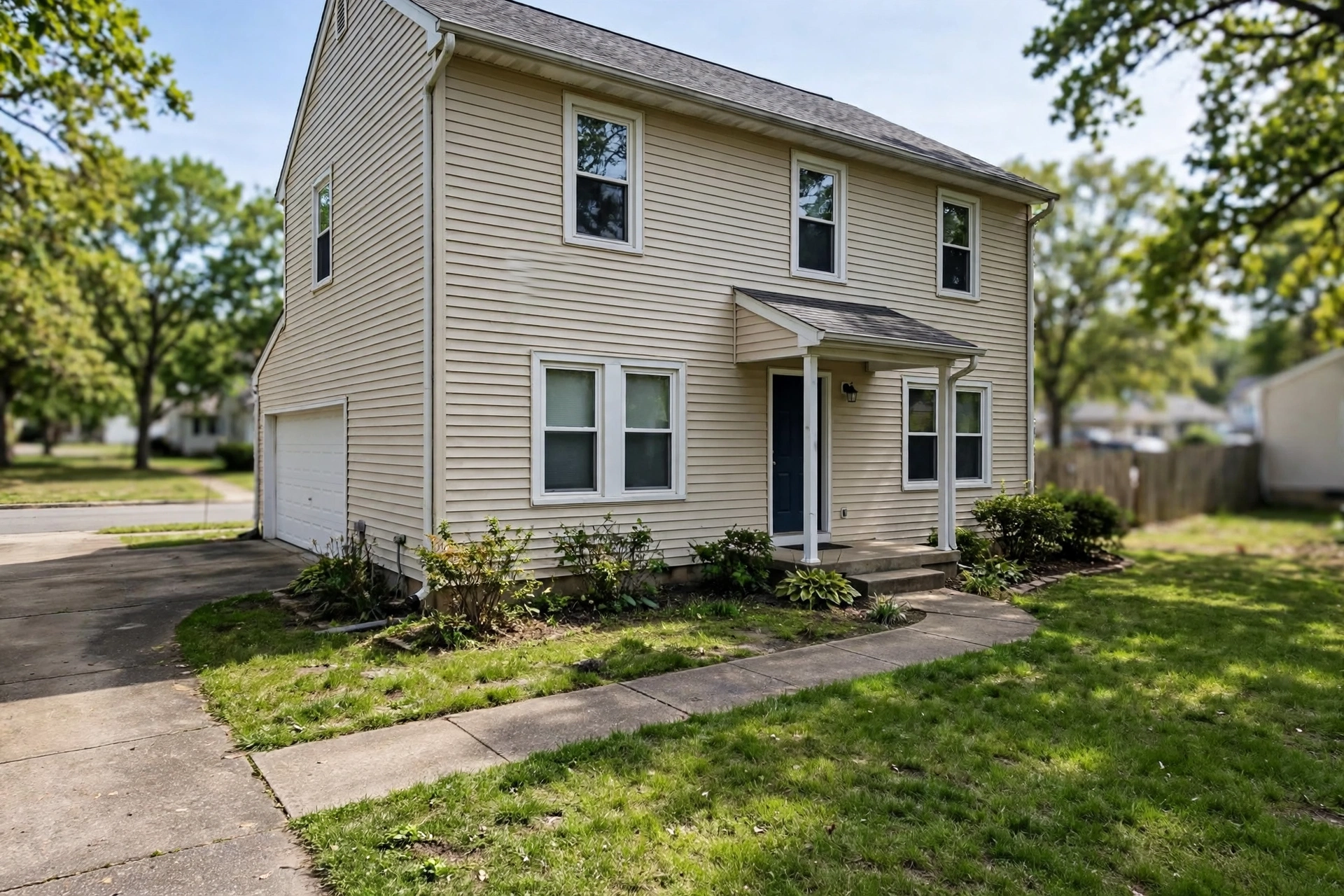 Front exterior of a single-family house in daylight with the full facade, lawn, and front walk visible