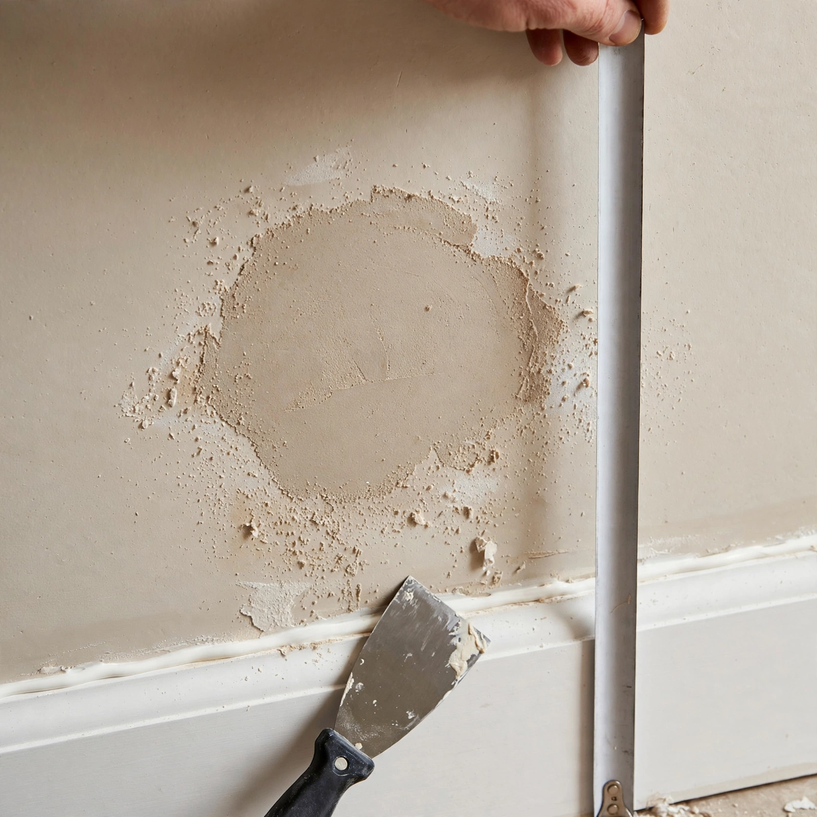 Close-up of patched drywall and caulked baseboard showing prep work before paint