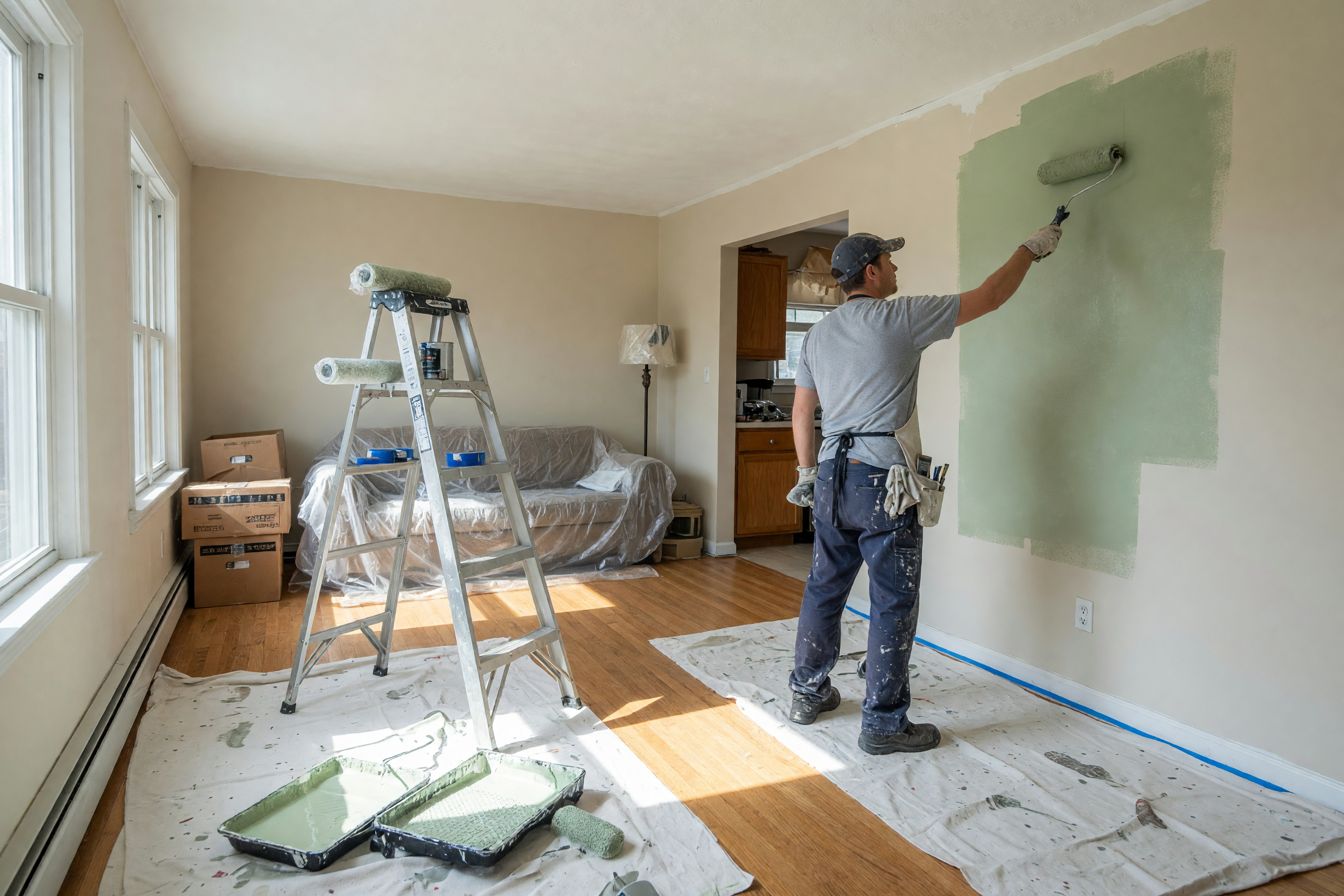 Professional house painter rolling fresh paint onto an interior living-room wall with drop cloths, tray, and ladder nearby