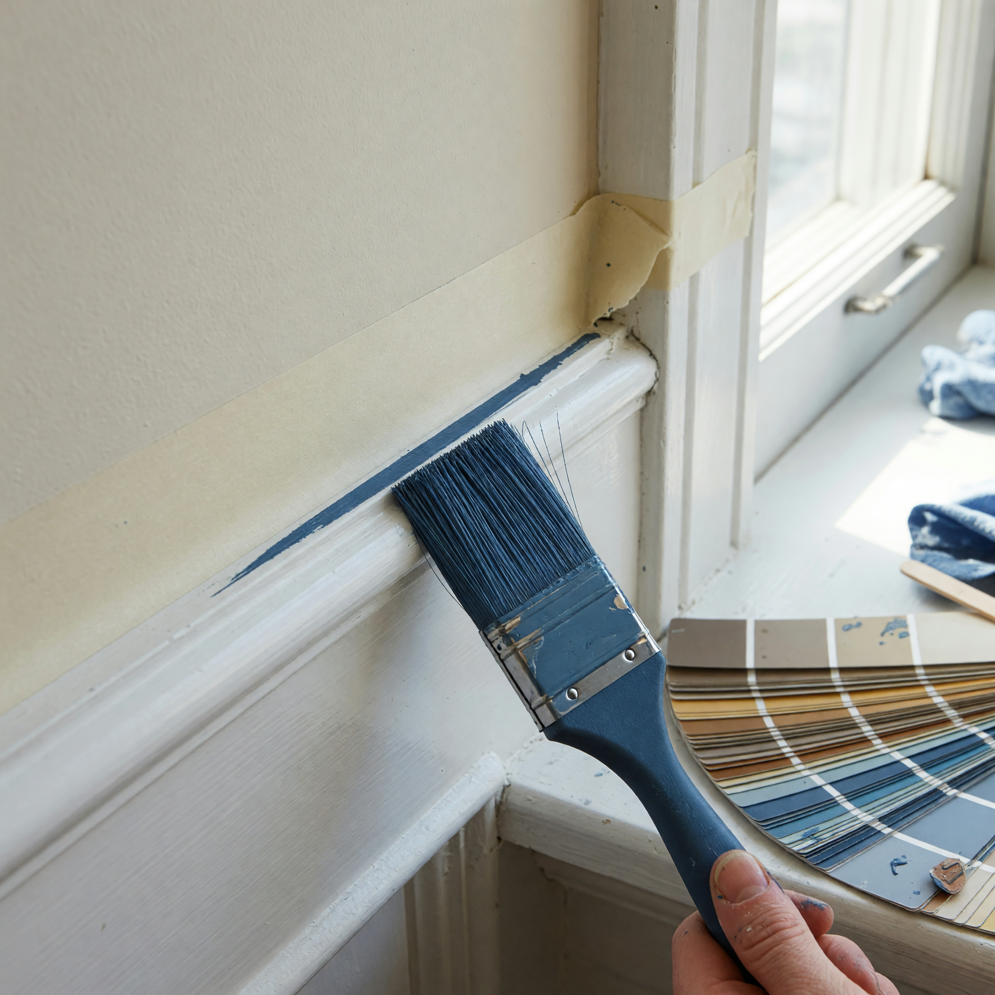 House painter cutting a crisp edge along wall trim with an angled brush next to painters tape and a color swatch fan