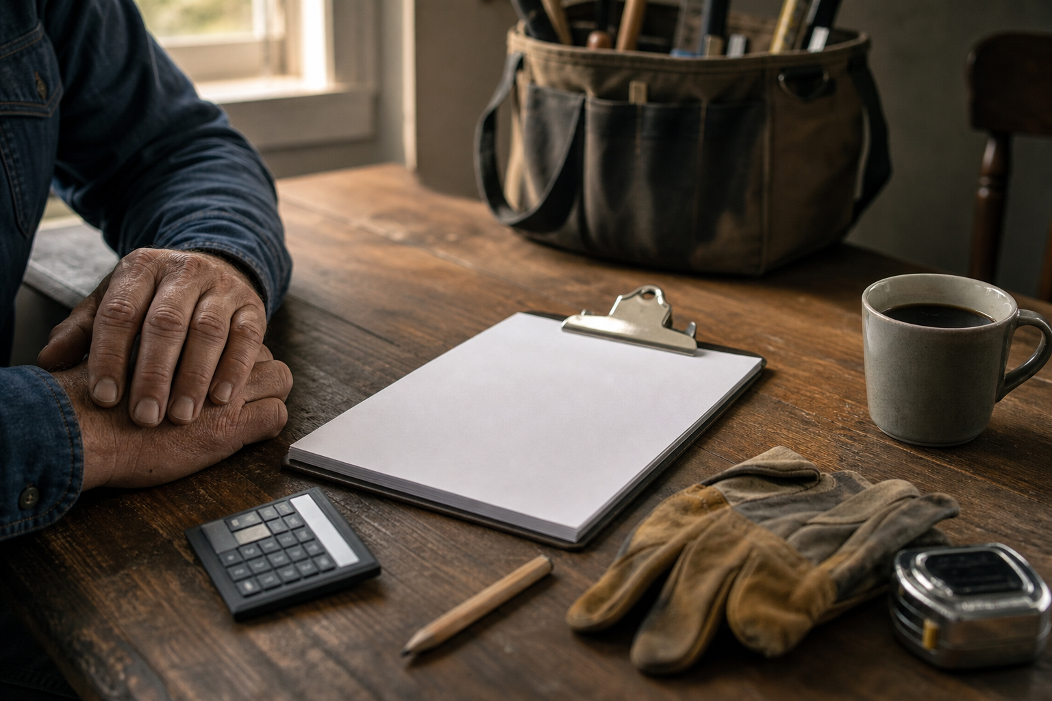 Tradesperson's kitchen table with blank paperwork on a clipboard, calculator, work gloves, and tape measure in morning light