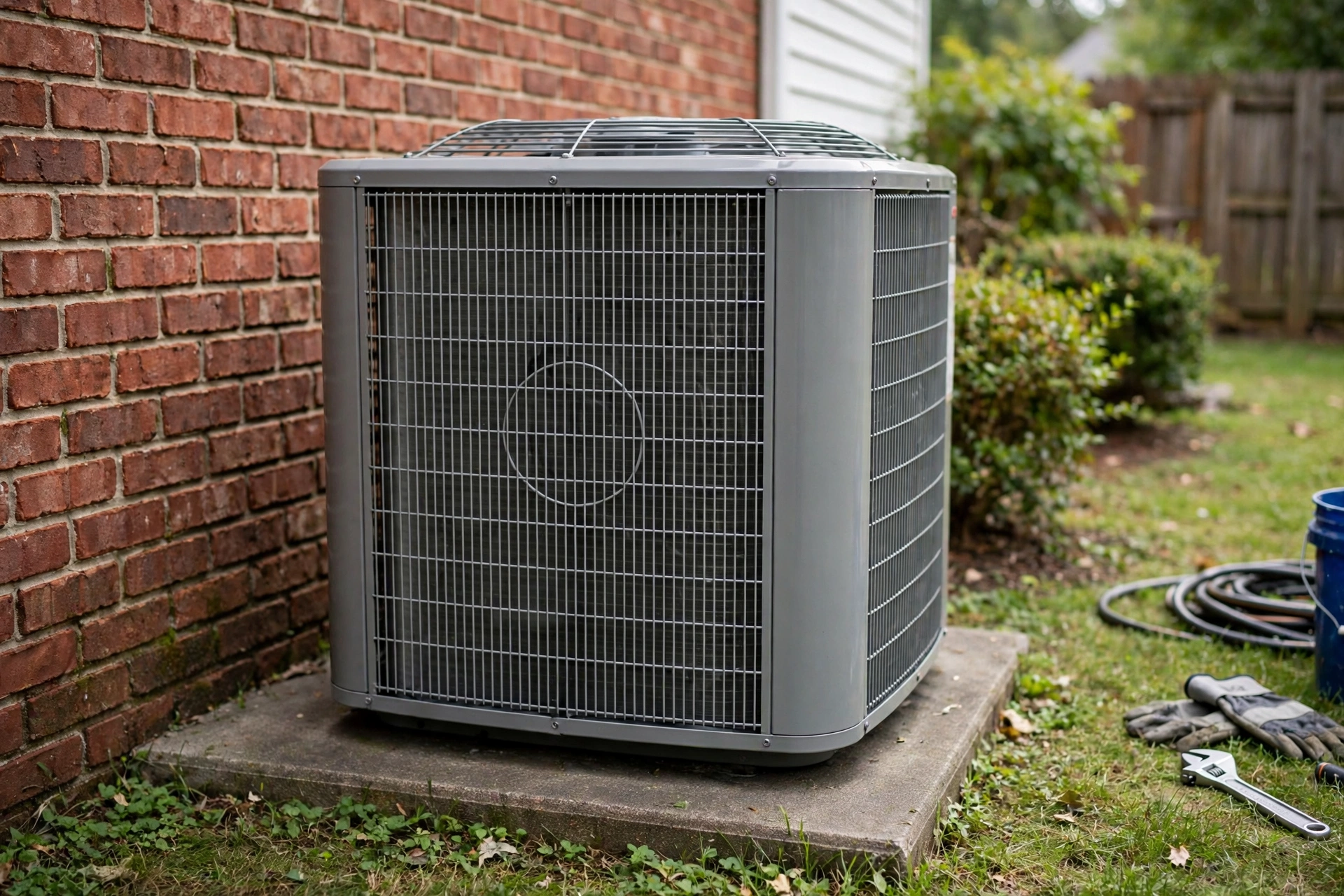 A clean outdoor HVAC condenser unit beside a brick wall on a concrete pad