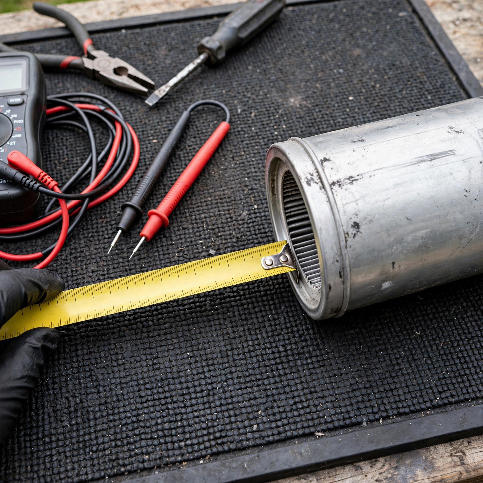 Diagnostic tools laid on a dark service mat next to a replacement filter