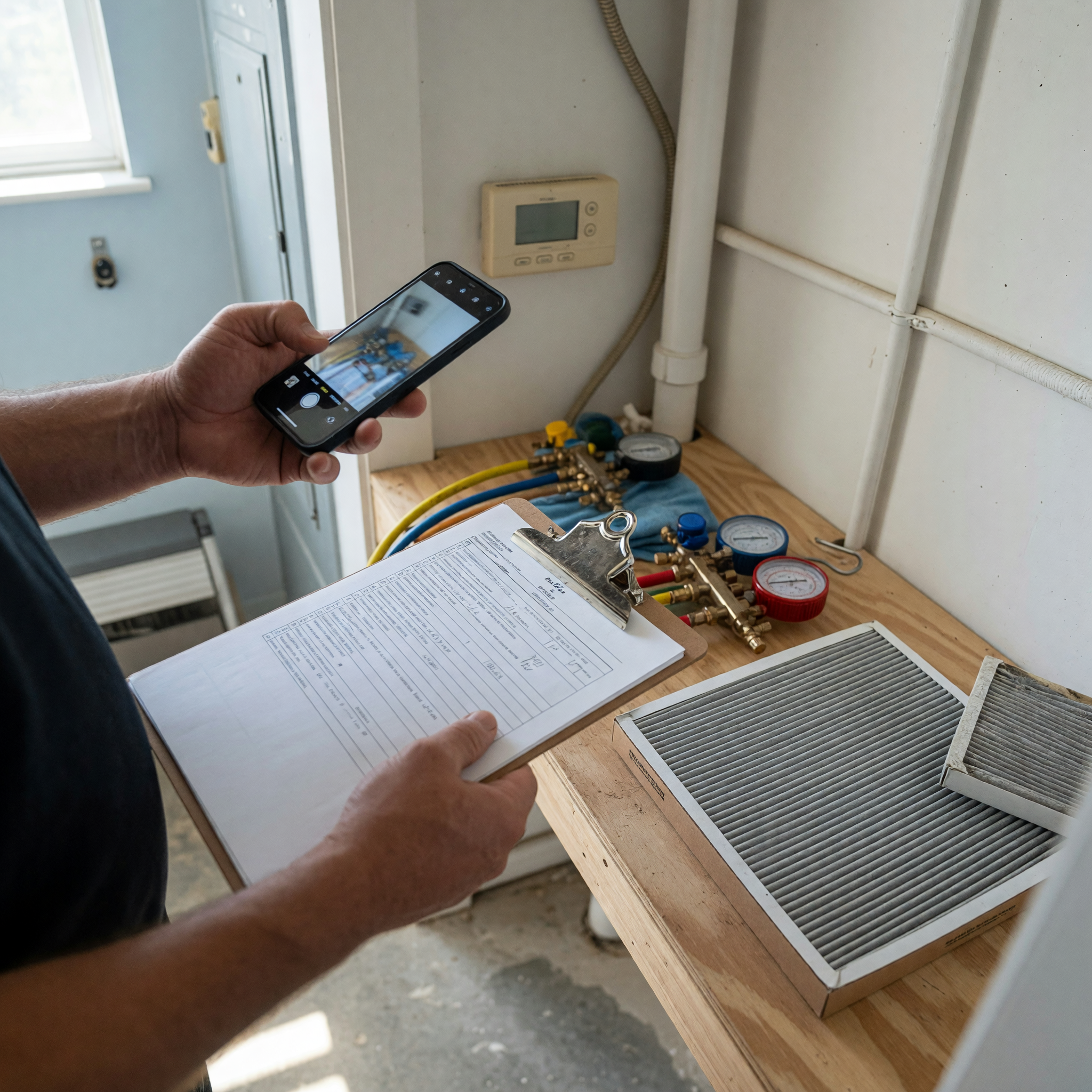 HVAC technician preparing a service listing with a thermostat, filter, gauges, and checklist on a clean work surface