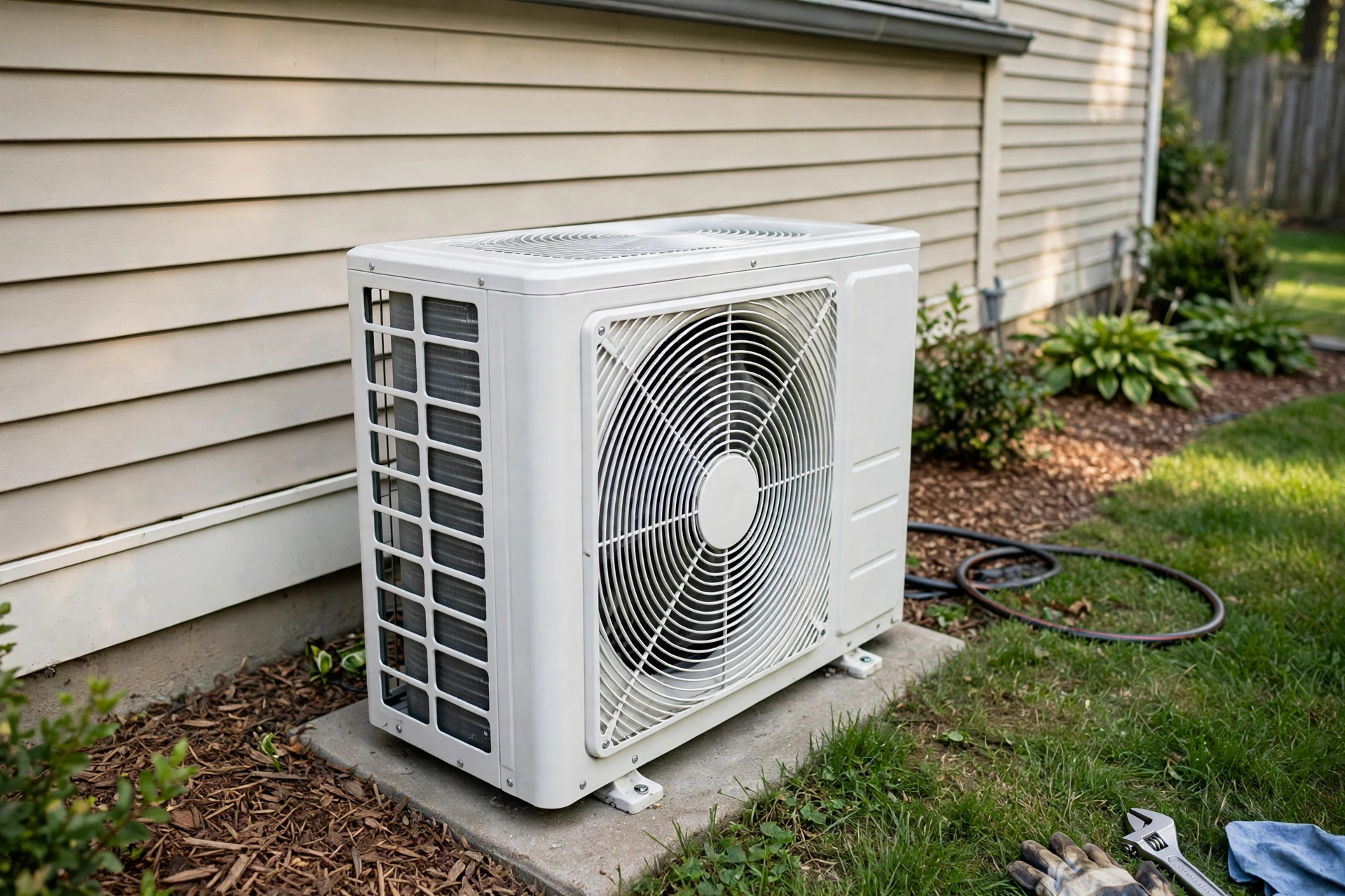 White outdoor AC condenser beside a beige house wall in a tidy side yard