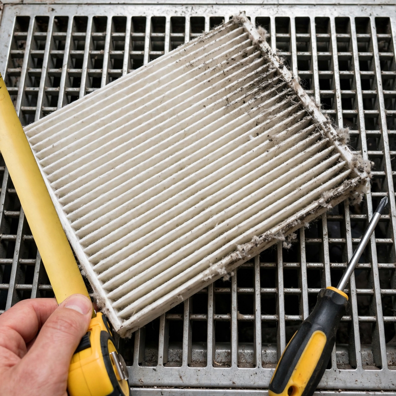 Replaced air filter with dust on one edge beside a screwdriver on a floor register