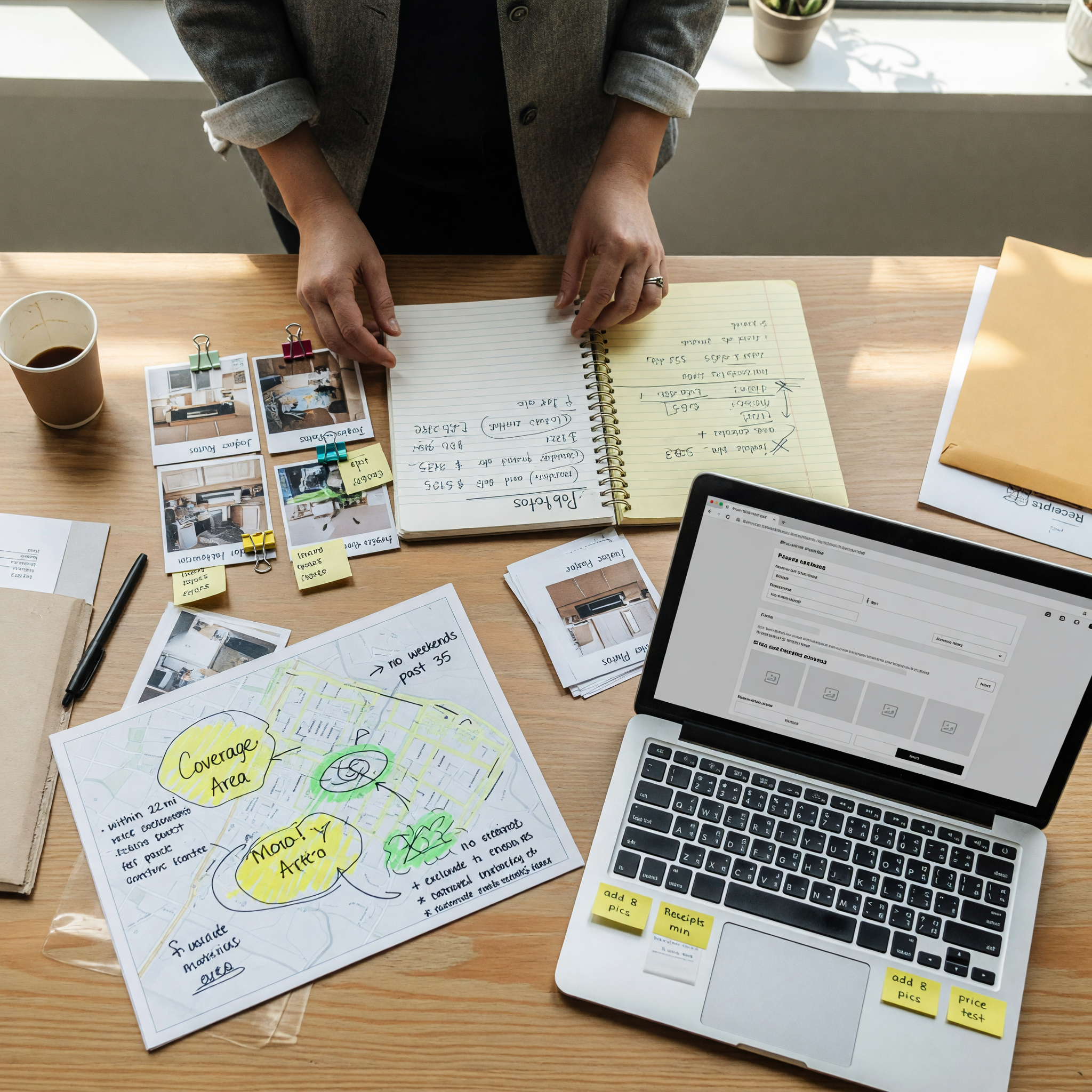 Service provider organizing pricing notes, job photos, and coverage area details before importing a listing