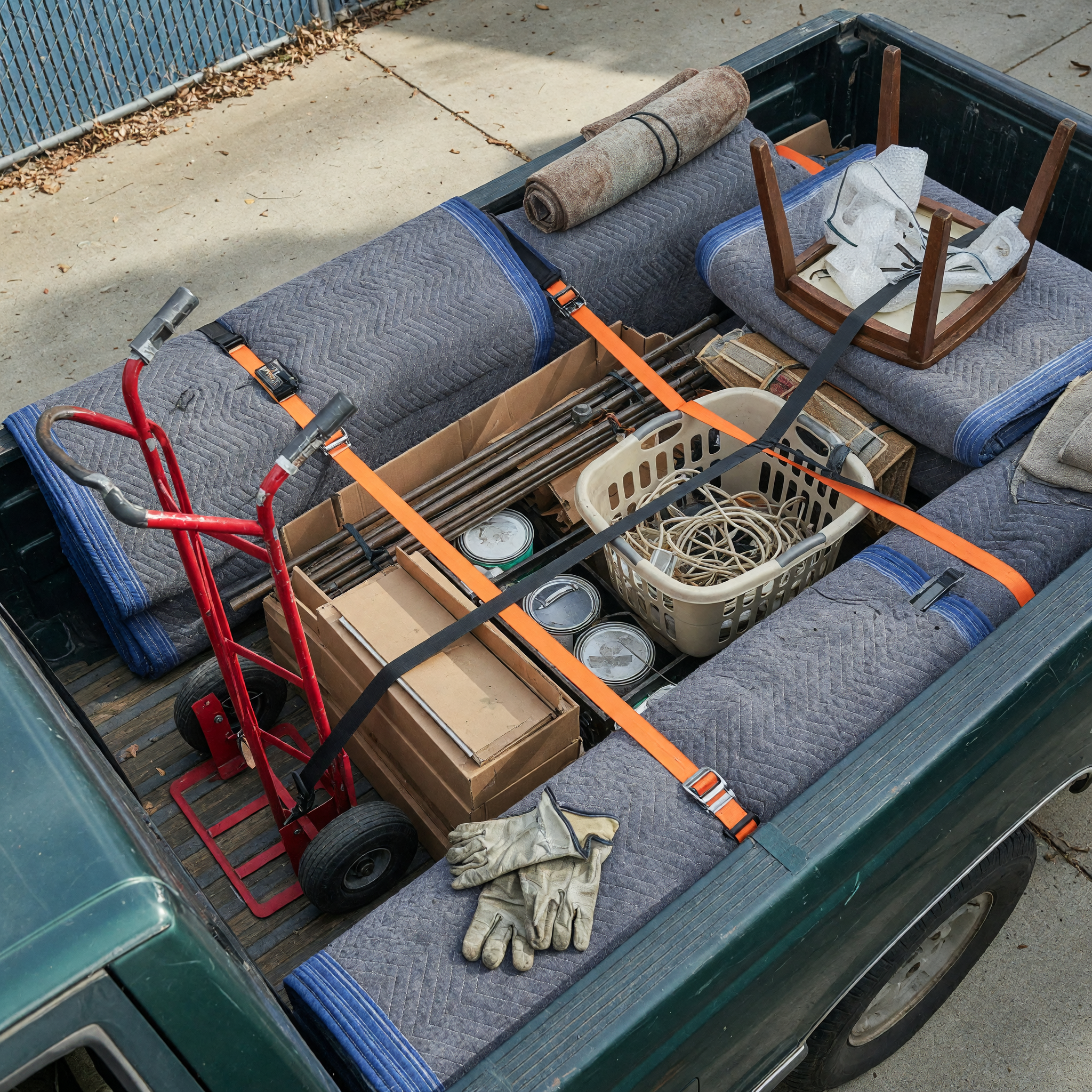 Junk removal load organized with gloves, hand truck, straps, and household items ready for hauling
