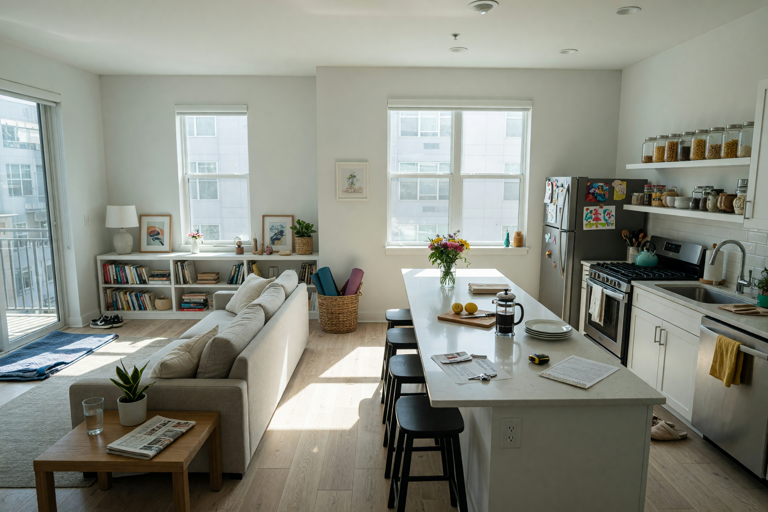 Bright apartment interior with living room and kitchen