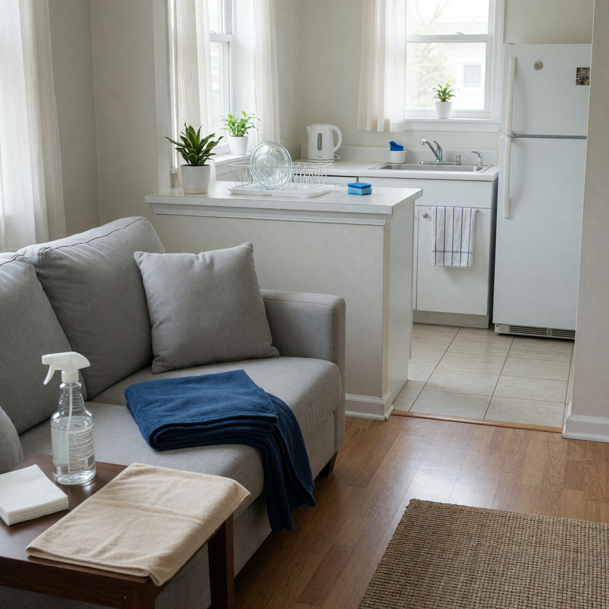 Tidy apartment living room with open kitchen