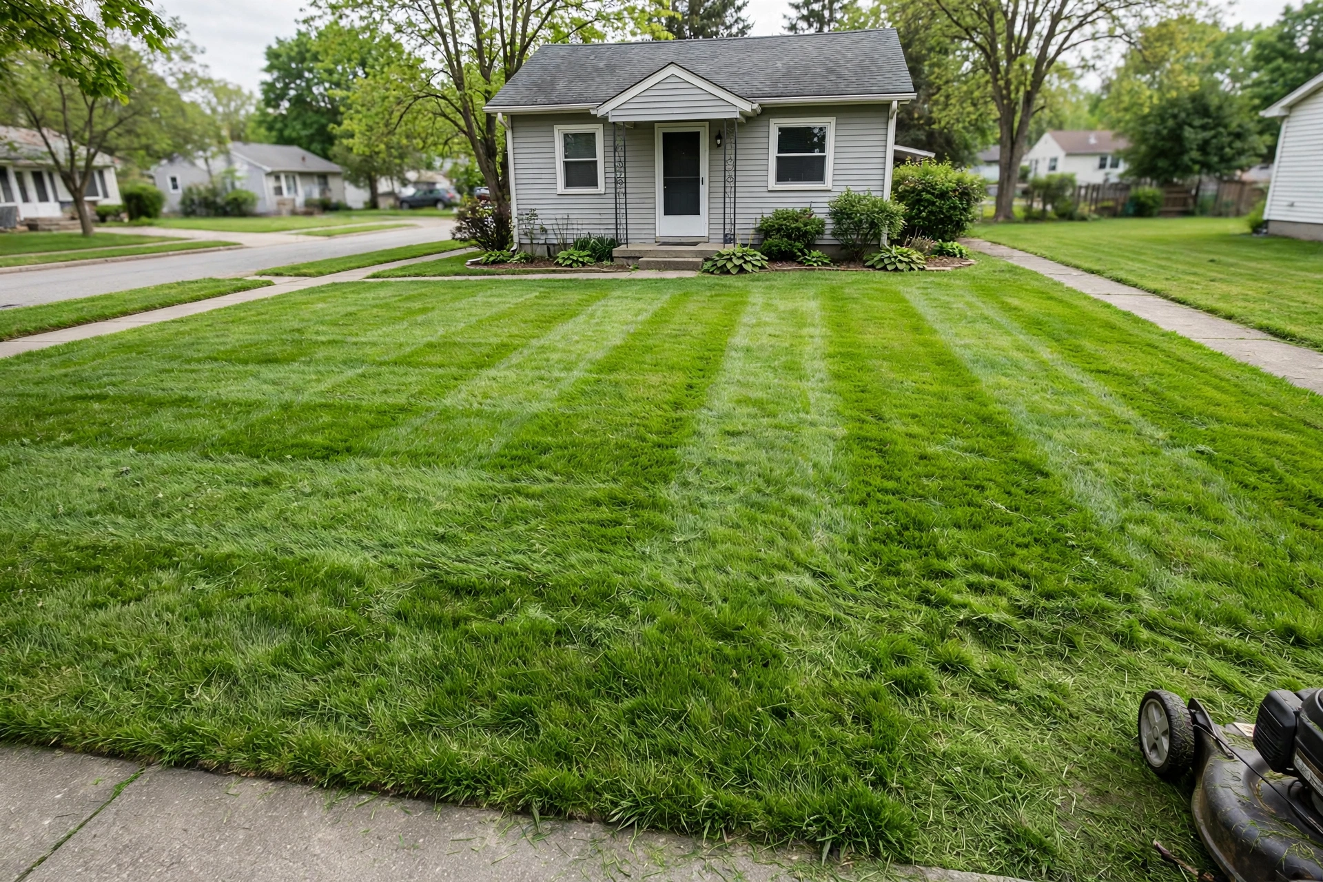 A freshly mowed front yard with clean edges beside a small house